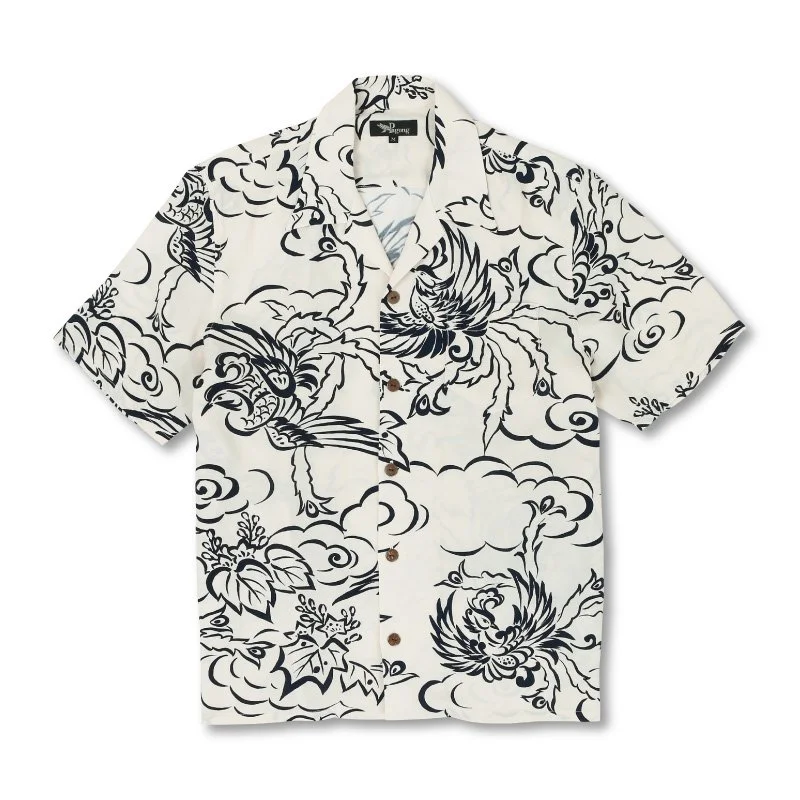 &quot;Rising Phoenix&quot; Rayon Kimono Aloha Shirt
&lt; 2005 Summer Collection &gt;

The phoenix is ​​a mythical creature from the heavens that is said to descend to earth only during a wise ruler's reign, live in a paulownia tree, and eat bamboo fr