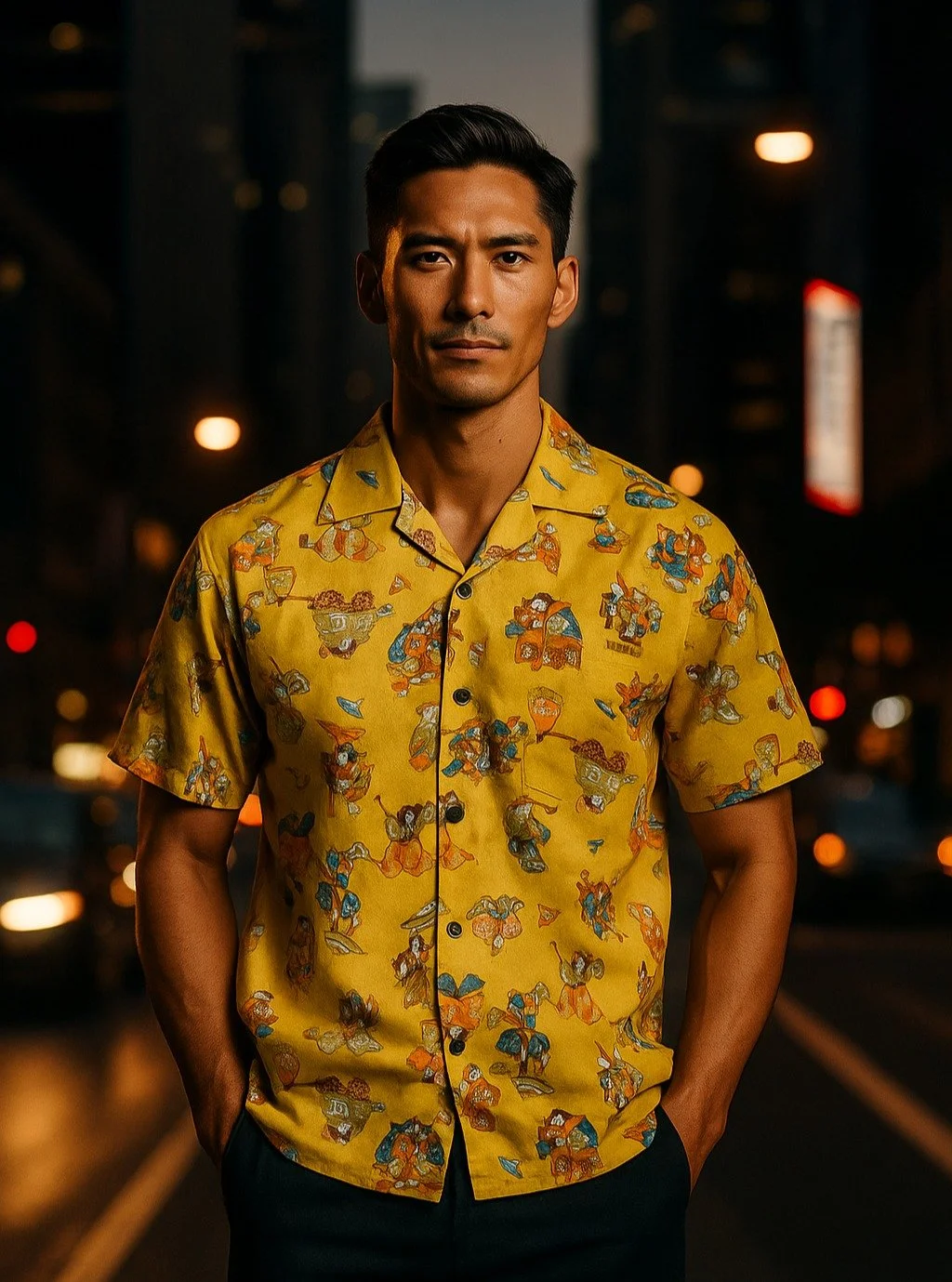 &quot;Kabuki&quot; Silk Kimono Aloha Shirt
&lt; 2023 Summer Collection &gt;

This kimono design was originally based on the Kabuki plays drawn on Edo chiyogami paper by a Showa-era designer, and has now been reproduced with further arrangements.
The 