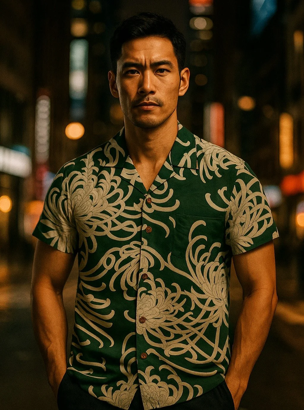 Rangiku &quot;Dancing Chrysanthemum&quot; Silk Kimono Aloha Shirt
&lt; 2003 Summer Collection &gt;

The Japanese chrysanthemum is a symbol of longevity and vitality. Starting from the late Taisho era (1912-1926), more modern and exuberant patterns be