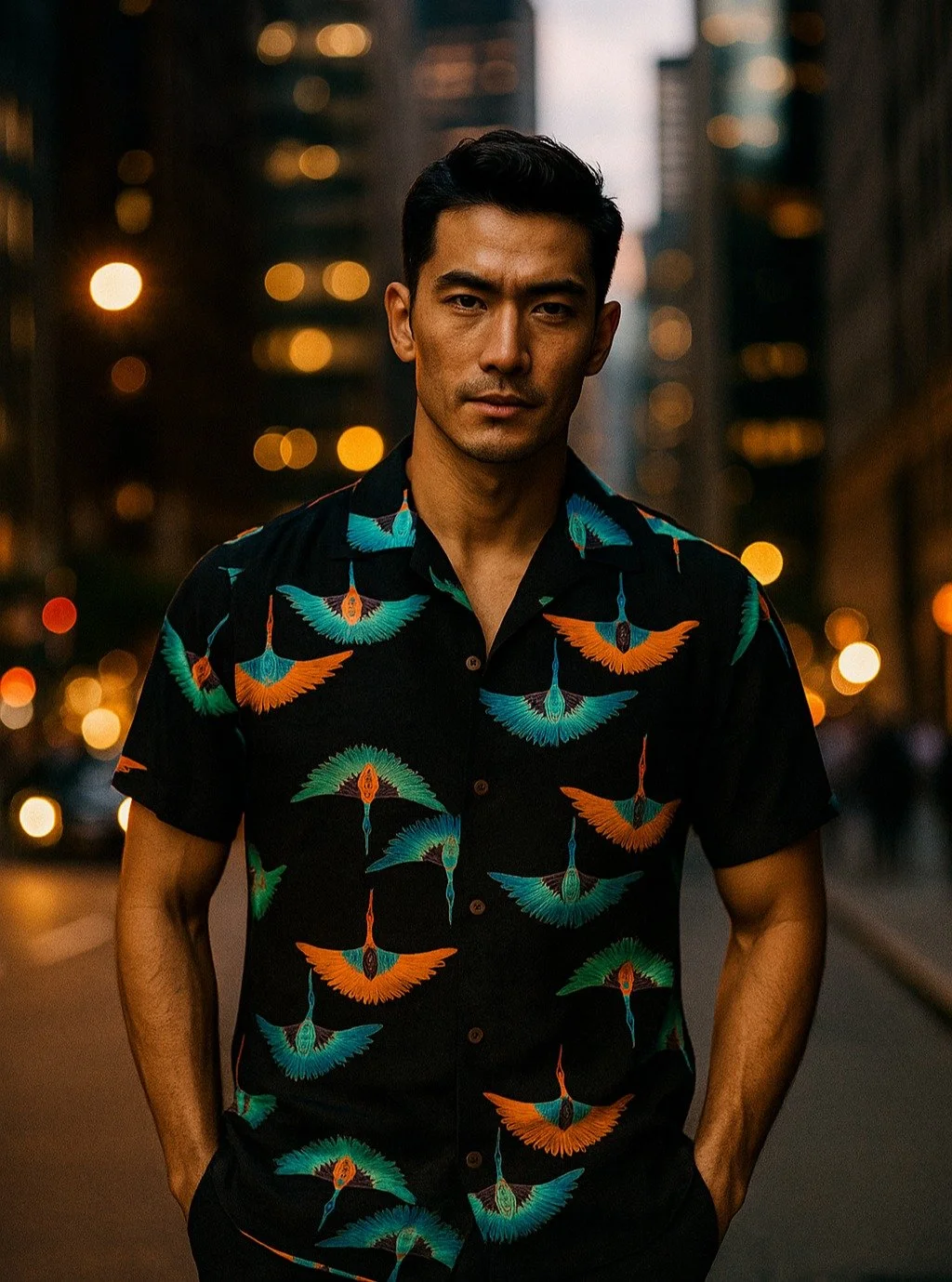 &quot;Ryukyu Crane&quot; Silk Kimono Aloha Shirt
&lt; 2022 Summer Collection &gt;

This pattern, which depicts a flying crane seen from above, is named Jet Crane because it resembles a jet plane.
Cranes are said to bring happiness from otherworldly l