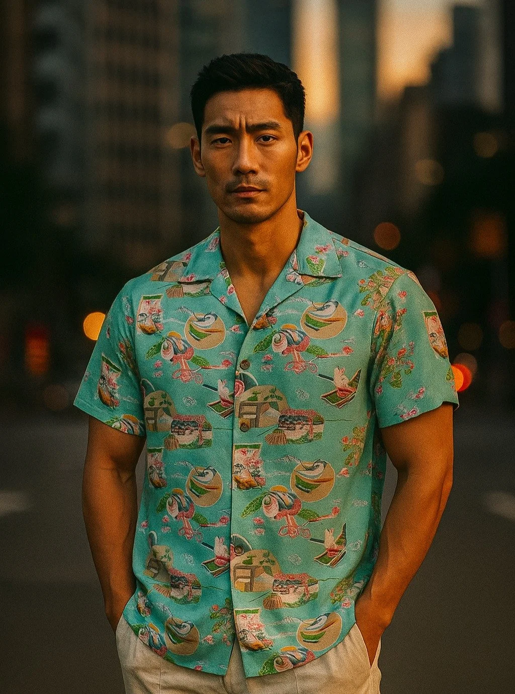 &quot;Japanese Fairy Tales&quot; Silk Kimono Aloha Shirt
&lt; 2006 Summer Collection &gt;

This beloved pattern depicts many traditional Japanese fairy tales passed down from parents to their children for centuries. These stories, similar to those in