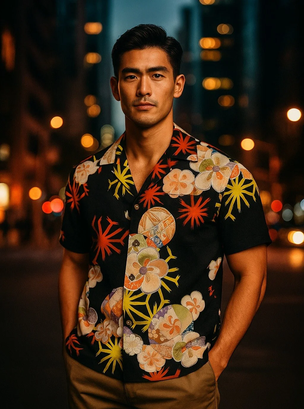 Asanoha&quot;Hemp Leaf and Twisted Plum&quot; Silk Kimono Aloha Shirt
&lt; 2004 Summer Collection &gt;

This pattern was used on women's linings, undergarments, and obi skins from the Taisho to early Showa periods.
The geometric pattern, based on a r