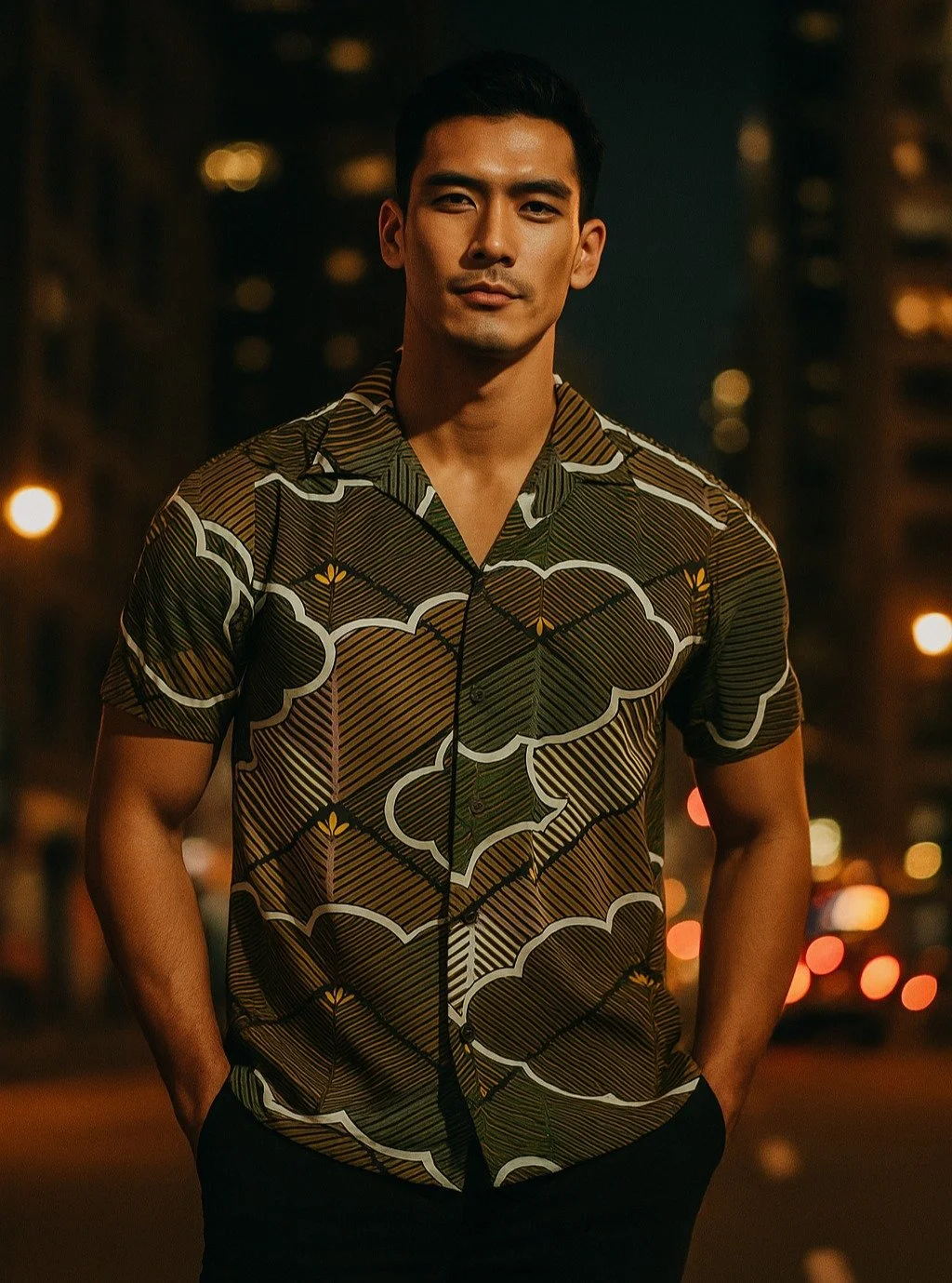 Kumotori Hishimatsu Silk Kimono Aloha Shirt
&lt; 2012 Summer Collection &gt;

The pine tree, an evergreen that lives for centuries, is an auspicious symbol of longevity and a sacred dwelling of the gods. In this pattern, young pines&mdash;symbols of 