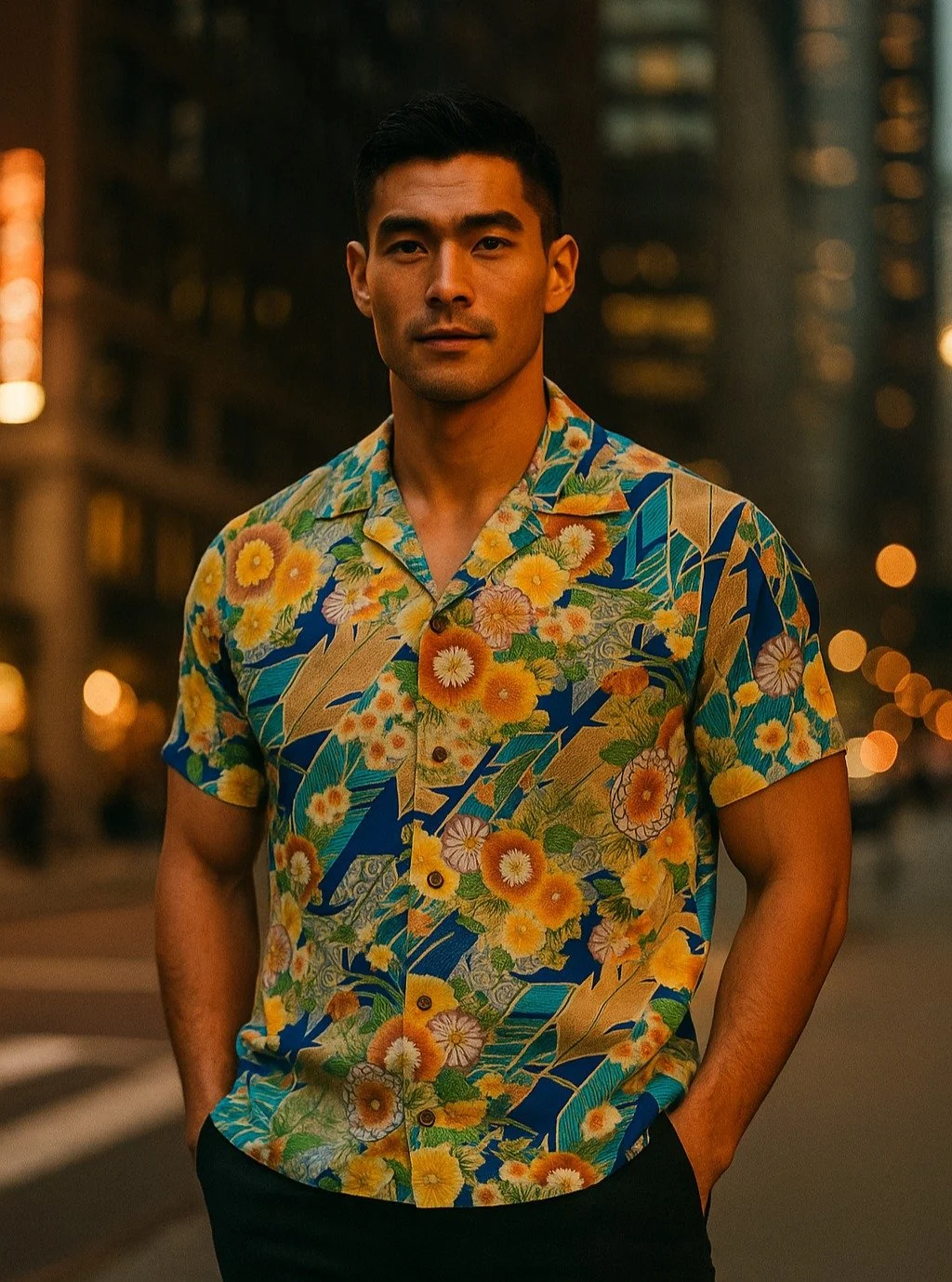 Yabane &quot;Flowers with Sacred Arrow&quot; Silk Kimono Aloha Shirt
&lt; 2003 Summer Collection &gt;

Yabane is an auspicious design based on hawk, eagle, and other bird feathers which were used in arrows. Its pattern is associated with the Japanese