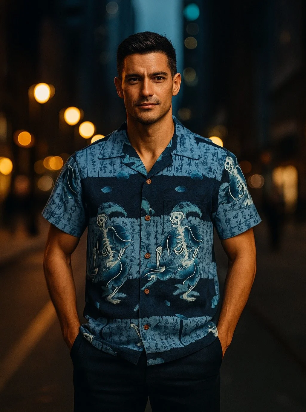 &quot;Kanjincho&quot; Silk Kimono Aloha Shirt
&lt; 2003 Summer Collection &gt;

This pattern shows a skeleton acting out like the famous Kanjincho.
Very unique patterns were painted on the inside of &quot;Juban&quot; (undergarments) and Haori (coat o