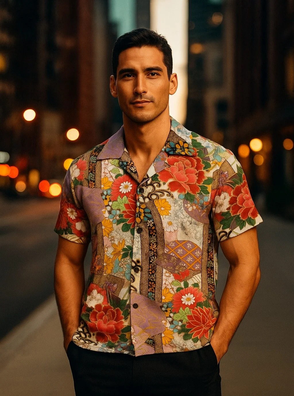 "Floral Cascade" Silk Kimono Aloha Shirt
< 2010 Summer Collection >
This gorgeous pattern of a hundred flowers blooming in eclecticism on the surface of a fan was worn by a young woman in 1965. Many recent patterns borrow subject mat