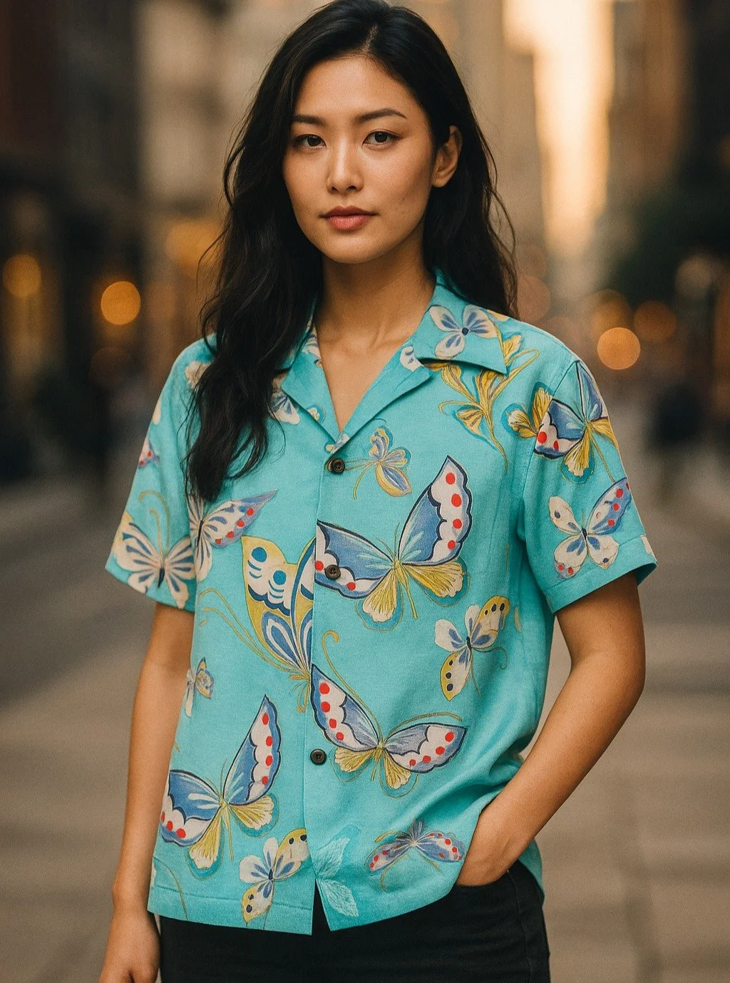 Cho "Butterfly" Silk Kimono Aloha Shirt
< 2014 Summer Collection >
Butterflies began to be used as a motif in Japan during the Nara period. They were often used in conjunction with flowers or birds, including in the designs of crafts