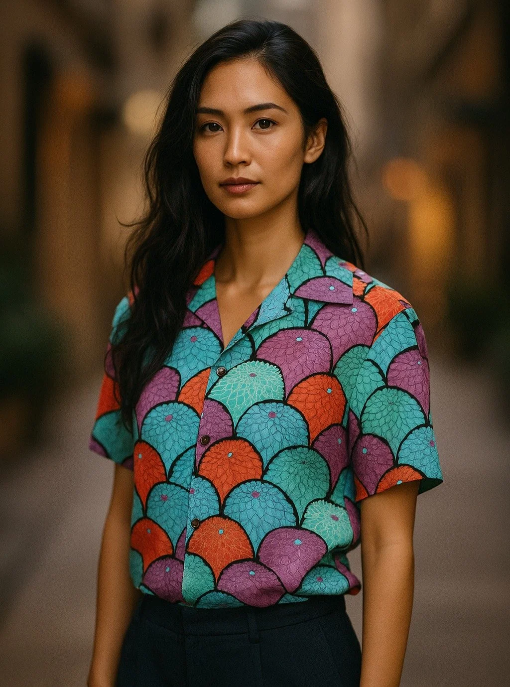 Seigaha &quot;Blue Ocean Wave&quot; Silk Kimono Aloha Shirt
&lt; 2012 Summer Collection &gt;

Seigaiha is a traditional wave pattern featuring repeating fan-shaped waves, symbolizing the vast, calm ocean. In Japan, it represents happiness, eternity, 