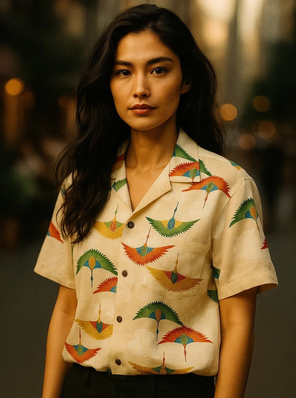 &quot;Ryukyu Crane&quot; Silk Kimono Aloha Shirt
&lt; 2022 Summer Collection &gt;

This pattern, which depicts a flying crane seen from above, is named Jet Crane because it resembles a jet plane.
Cranes are said to bring happiness from otherworldly l