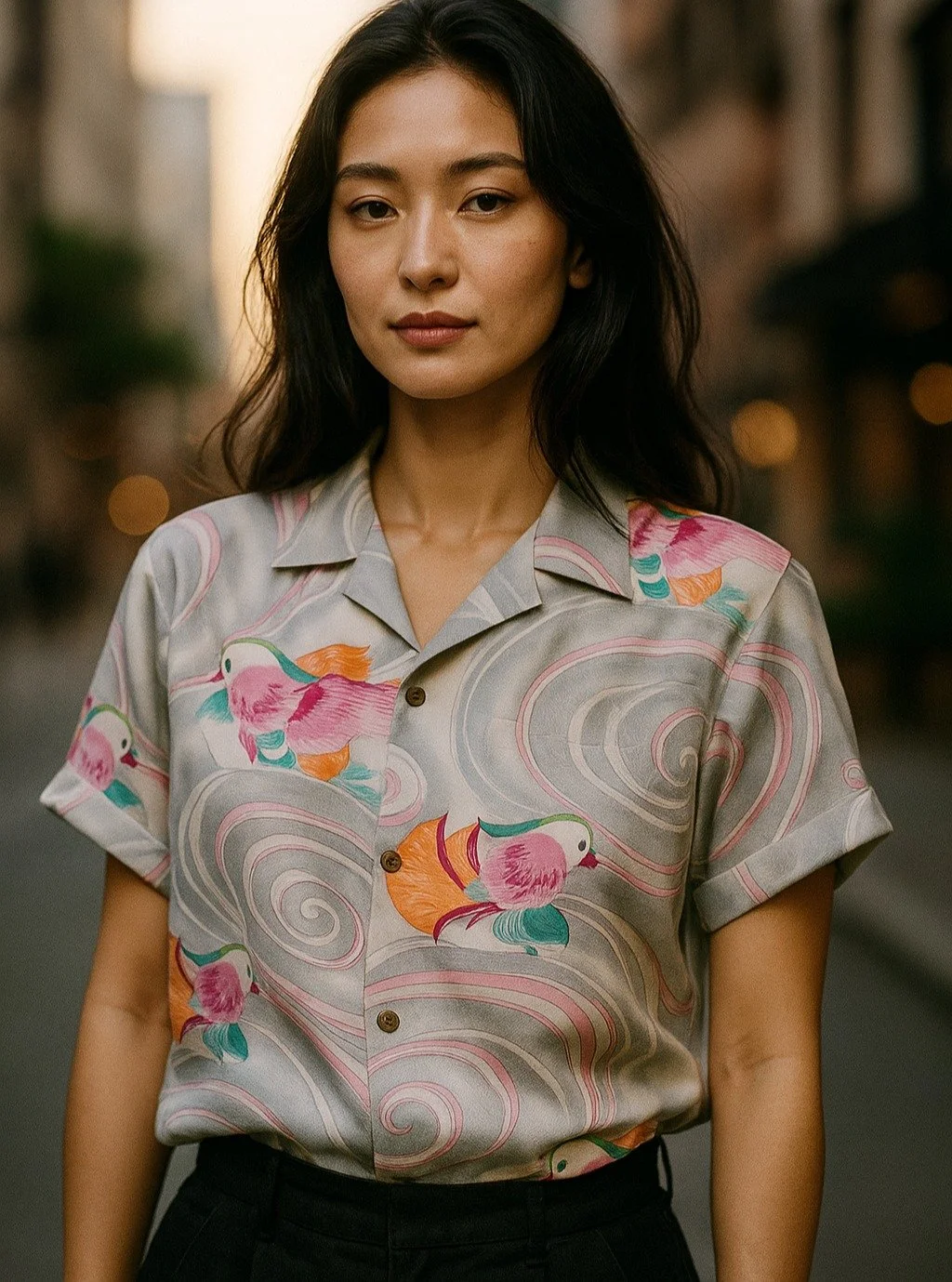 &quot;Oshidori&quot; Silk Kimono Aloha Shirt
&lt; 2005 Summer Collection &gt;

As they are said to be lovebirds, mandarin ducks are a bird that symbolizes the unchanging love between a husband and wife, as males are called &quot;en&quot; (mandarin du