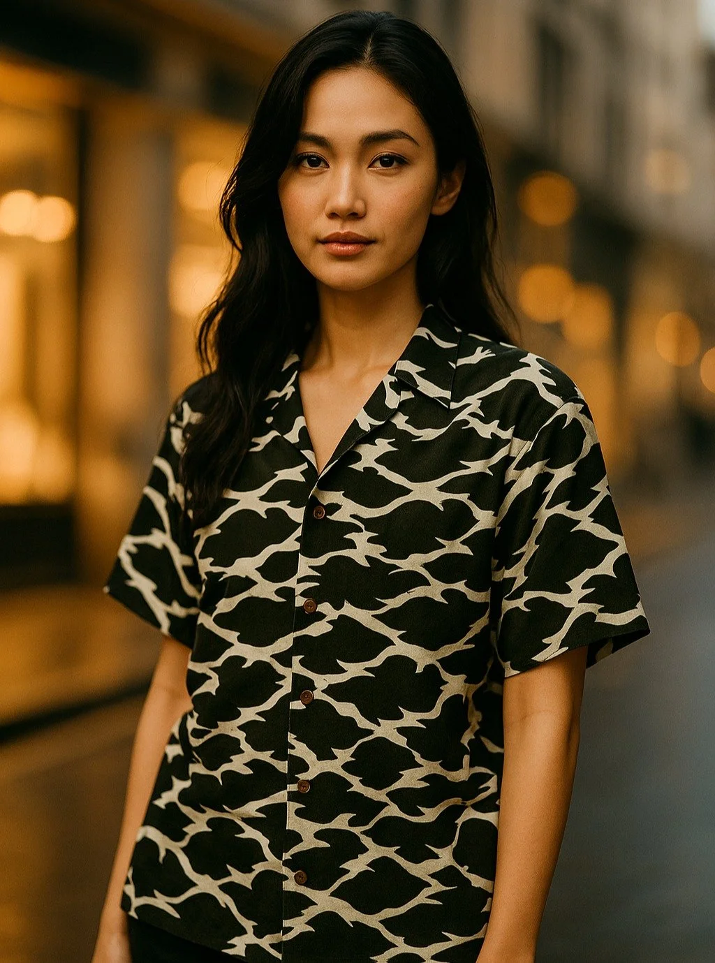 &quot;Kirikane&quot; Cotton Kimono Aloha Shirt
&lt; 2019 Summer Collection &gt;

The pattern on a Noh costume owned by Oe Matasaburo, a Noh actor of the Kanze school and the 7th head of the Oe family, has been expressed in Pagon's Kyo-Yuzen dyeing. T