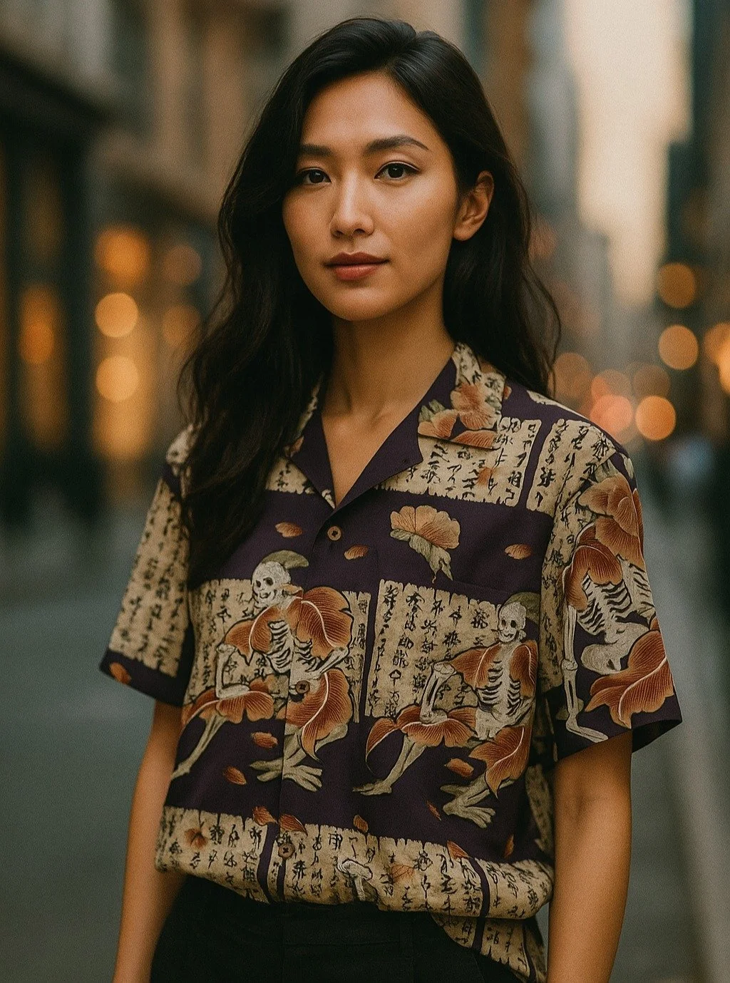 &quot;Kanjincho&quot; Dry Kimono Aloha Shirt
&lt; 2003 Summer Collection &gt;

This pattern shows a skeleton acting out like the famous Kanjincho.
Very unique patterns were painted on the inside of &quot;Juban&quot; (undergarments) and Haori (coat of