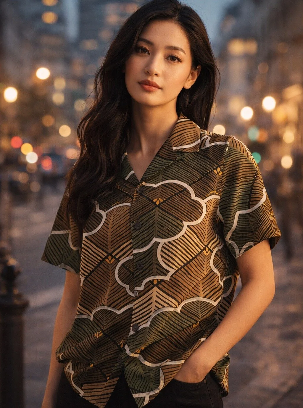 Kumotori Hishimatsu Silk Kimono Aloha Shirt
< 2012 Summer Collection >

The pine tree, an evergreen that lives for centuries, is an auspicious symbol of longevity and a sacred dwelling of the gods. In this pattern, young pines&mdash;symbols of 