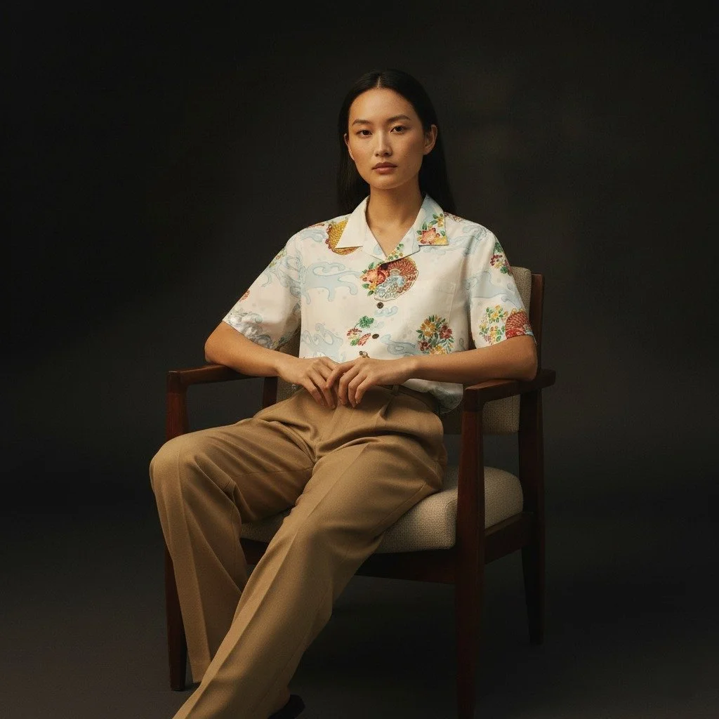 Ariso Marumon"Carp in Waterfall" Dry Kimono Aloha Shirt
< 2012 Summer Collection >

The name "Araiso" can be pronounced as "Ariso" or "Araiso." Its origin stems from "Araiso Junko," depicting ca