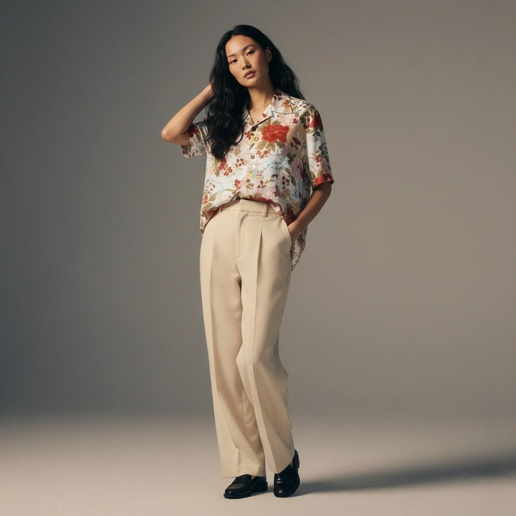 "Treasure with Flower Carriage" Silk Kimono Aloha Shirt
< 2003 Summer Collection >

This is a pattern from the early Showa period.
A treasure is placed on a flower cart filled with seasonal flowers.
The pattern reflects the parents' w