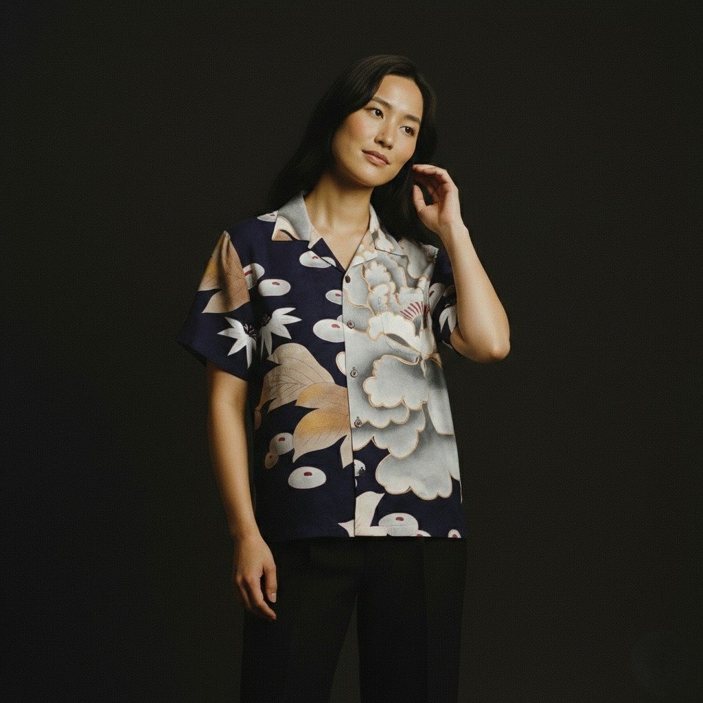 "Peony and Korin Chrysanthemum" Silk Kimono Aloha Shirt
< 2006 Summer Collection >

This pattern is a close-up of the beautiful peony and chrysanthemum flowers found in the designs of wedding attire from the Taisho to Showa periods. T