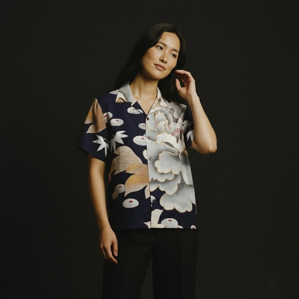 "Peony and Korin Chrysanthemum" Silk Kimono Aloha Shirt
< 2006 Summer Collection >

This pattern is a close-up of the beautiful peony and chrysanthemum flowers found in the designs of wedding attire from the Taisho to Showa periods. T
