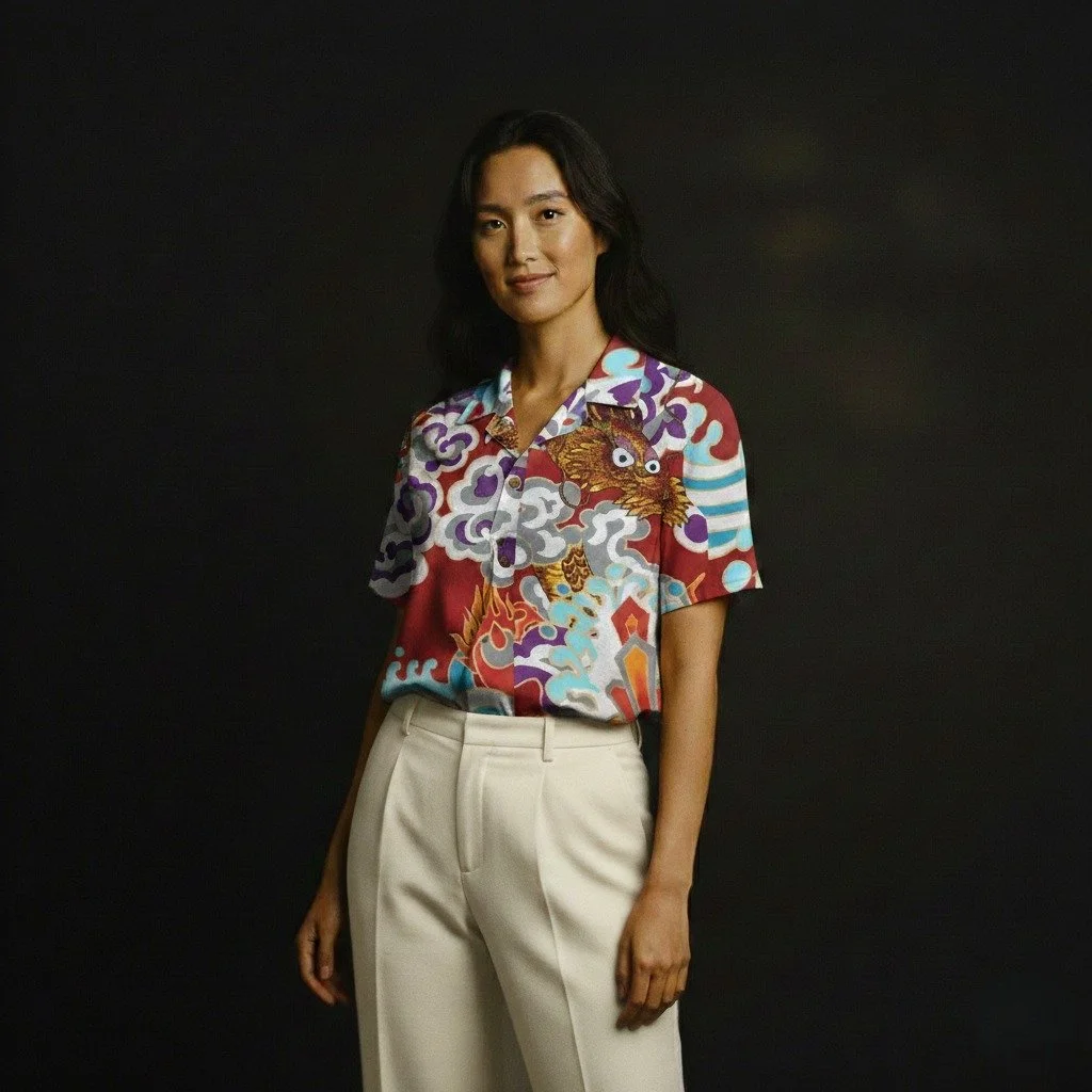 Ikyu no Ryu "Ikyu's Dragon"　Cotton Kimono Aloha Shirt

< 2008 Summer Collection >

On the gorgeous Kabuki stage, the setting from which this pattern was taken, we are transported to feudal Japan, when samurai and bushi still had impor