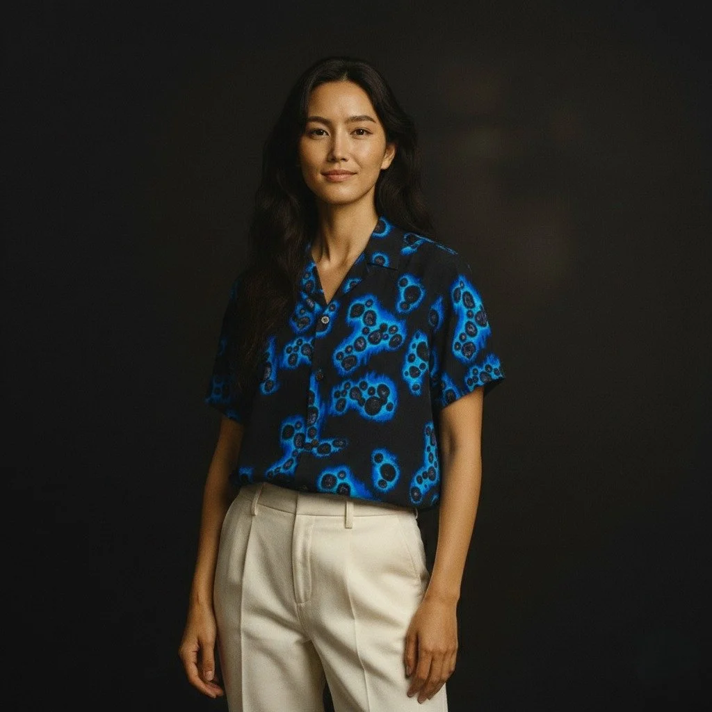 National Treasure "Yohen Tenmoku" Silk Kimono Aloha Shirt
< 2023 Summer Collection >

The Tenmoku type are black glazed bowls with the inside surface covered with iridescent patterns and lapis lazuli colored areas surrounded by lighte