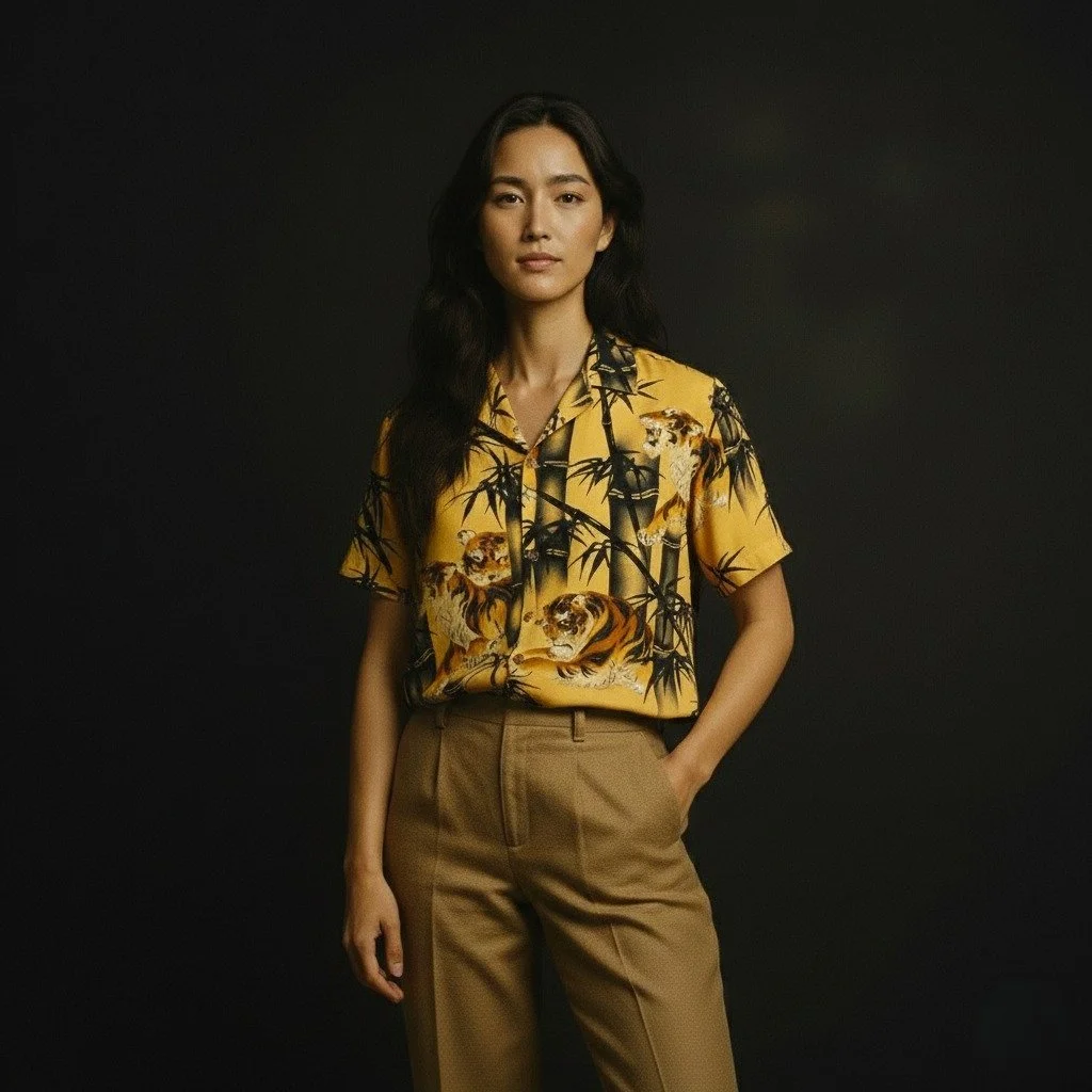 Tora "Tiger" Silk Kimono Aloha Shirt
< 2010 Summer Collection >

Throughout the ages, emperors, and kings often associated themselves with the bravery and determined spirit of the TIGER.

Noted for its incredible body strength; the ti