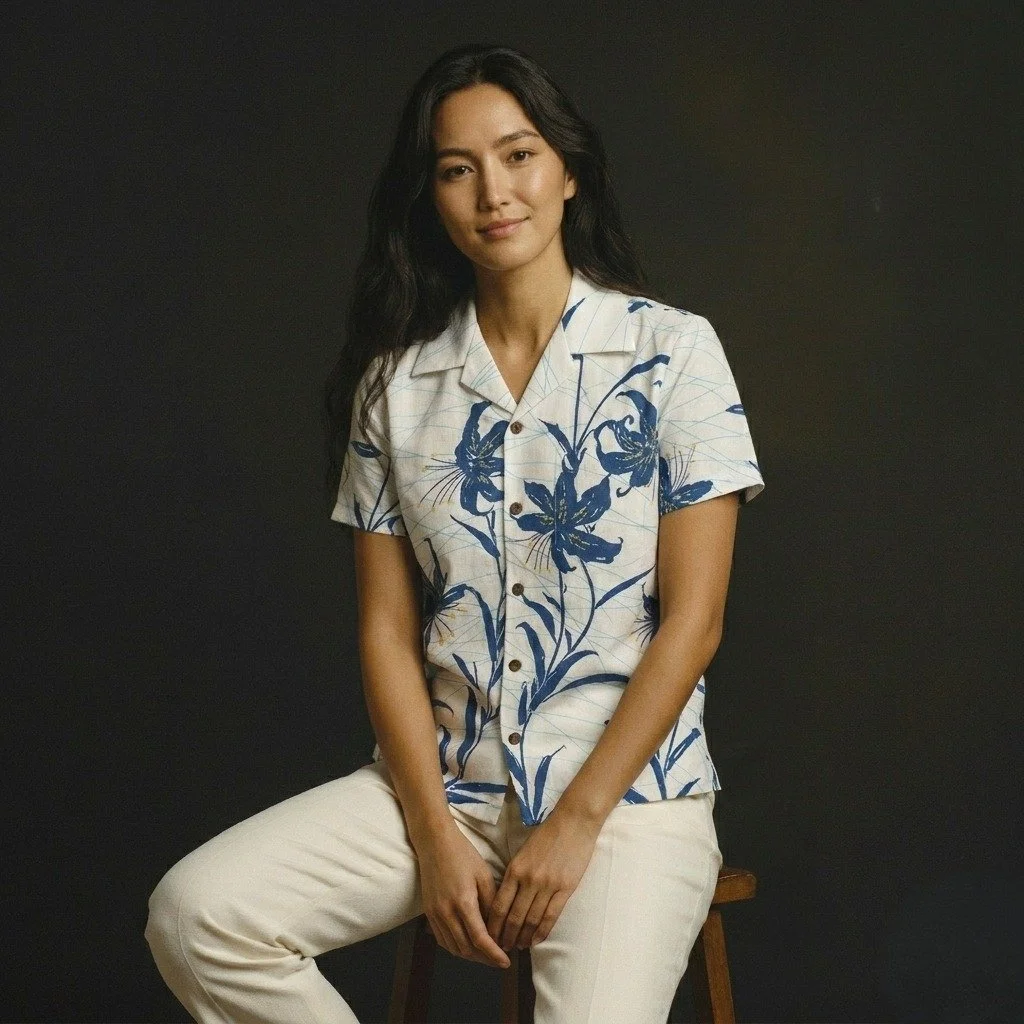 "Lily and Morning Dew" Silk Kimono Aloha Shirt
< 2016 Summer Collection >

Japan is known as the land of lilies, and they have been growing wild in the mountains and fields since the Manyo period. The bulbs are called lily roots, a ty