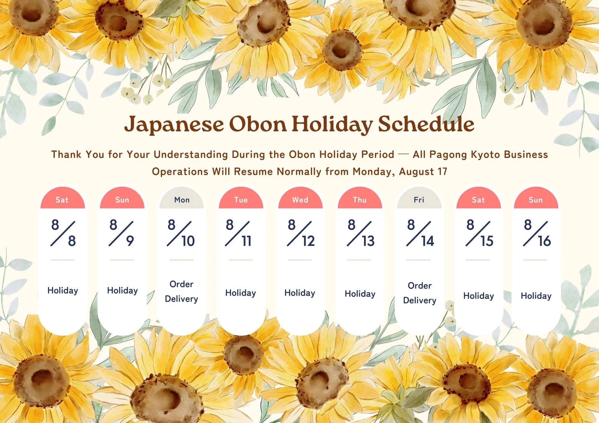 Japanese Obon Holiday Schedule