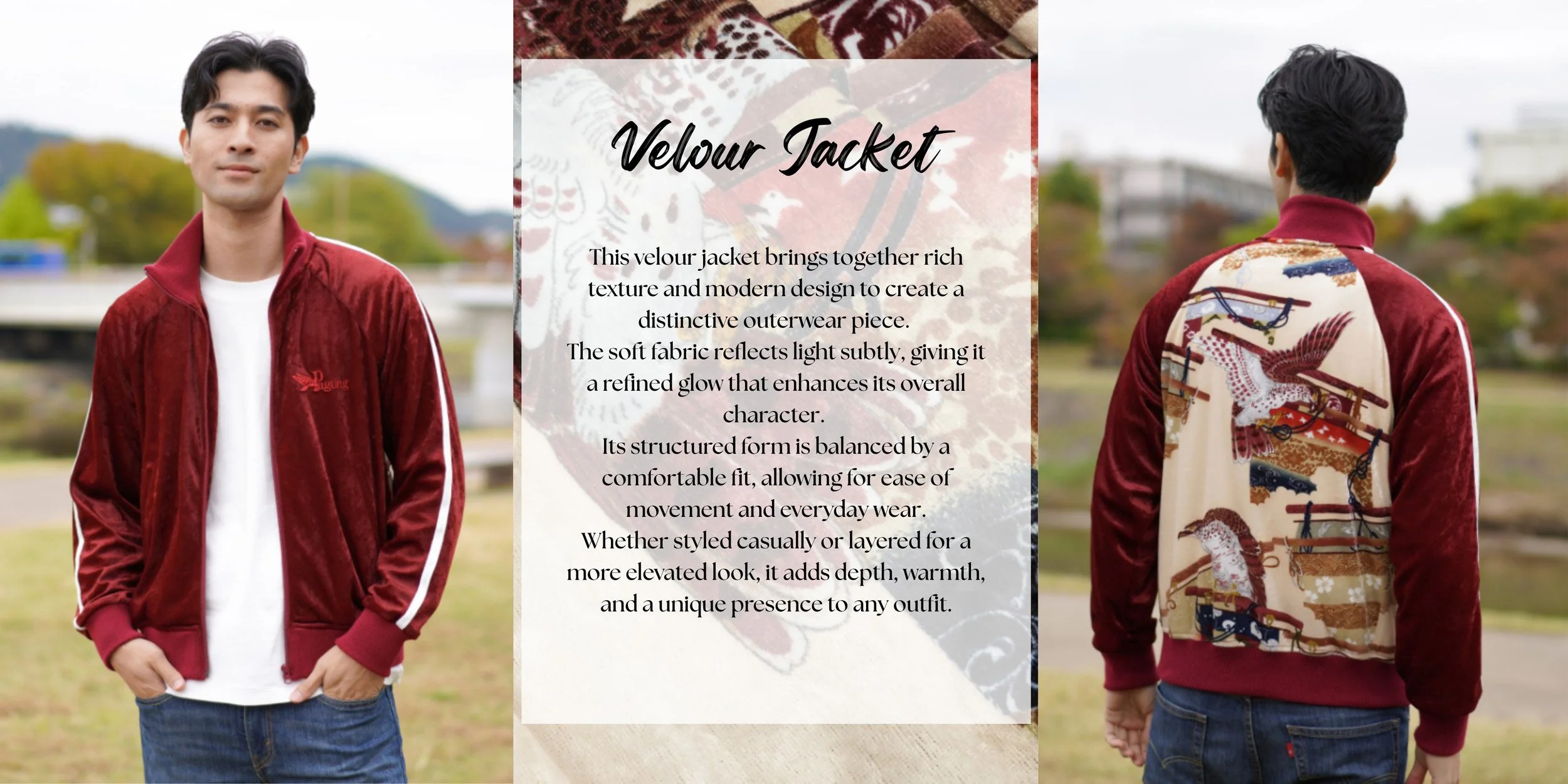 A man wearing a red velvet jacket with white stripes on the sleeves, standing outdoors with a blurred background of trees and a park. The front view shows the jacket's logo, and the back view reveals an embroidered design with an eagle and other trad