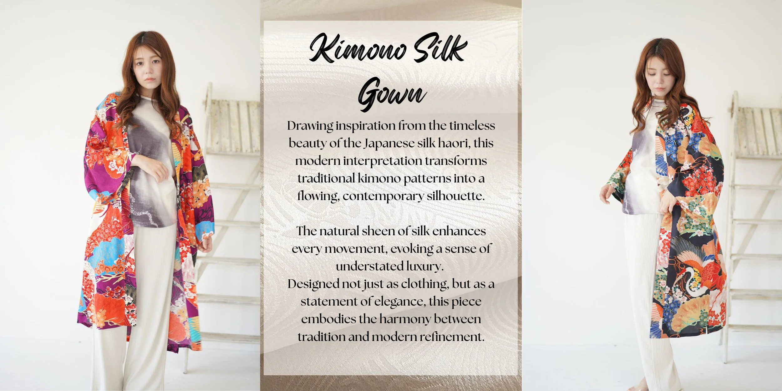 Women modeling a kimono silk gown with colorful floral patterns, standing in a minimal indoor setting