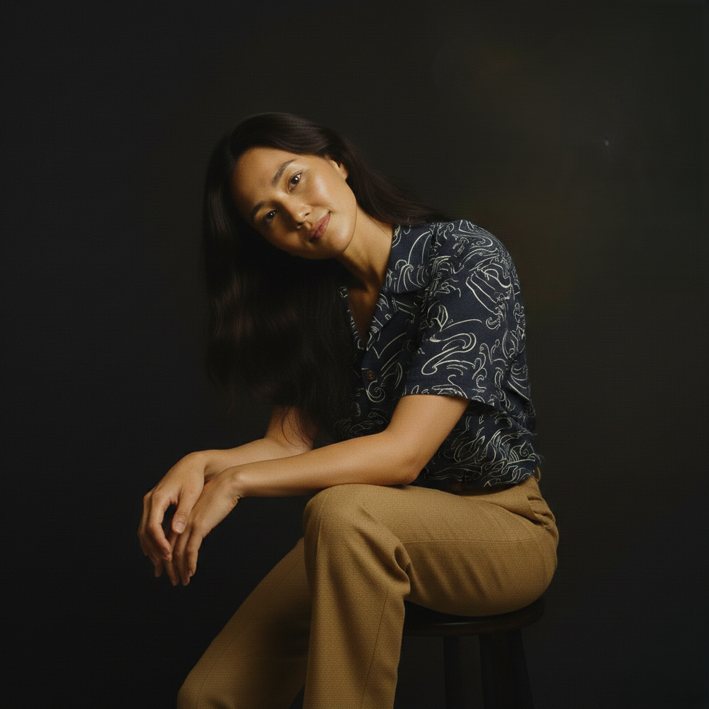 A woman with long, dark hair sitting on a stool against a dark background, wearing a "Gakunami Wave" kimono patterned black cotton aloha shirt and beige pants, smiling softly.