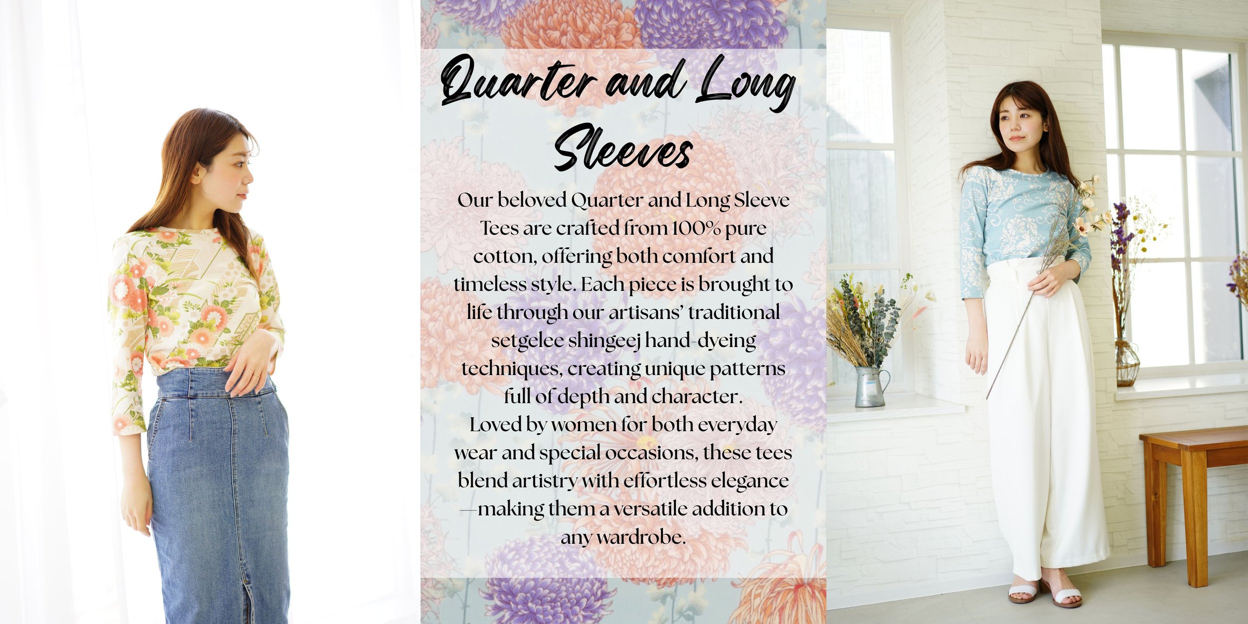 A promotional graphic for quarter and long sleeve tops featuring two women modeling different styles of floral patterned shirts. The left woman is wearing a cream shirt with pink and green floral print, paired with a high-waisted denim skirt, while t