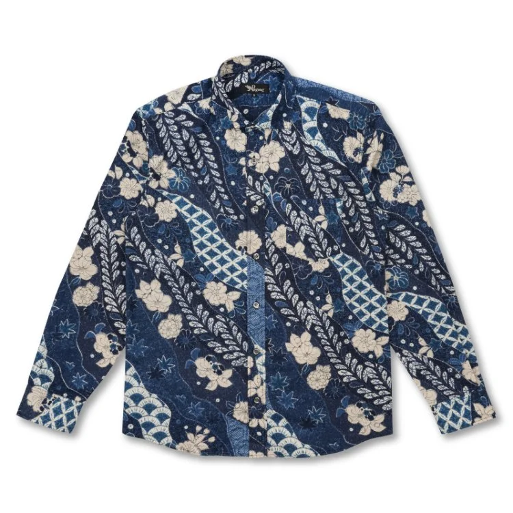 Hand made and hand dyed long-sleeved button-up shirt with " Tsujigahana" a dark blue background and a floral and geometric pattern in white and light blue.