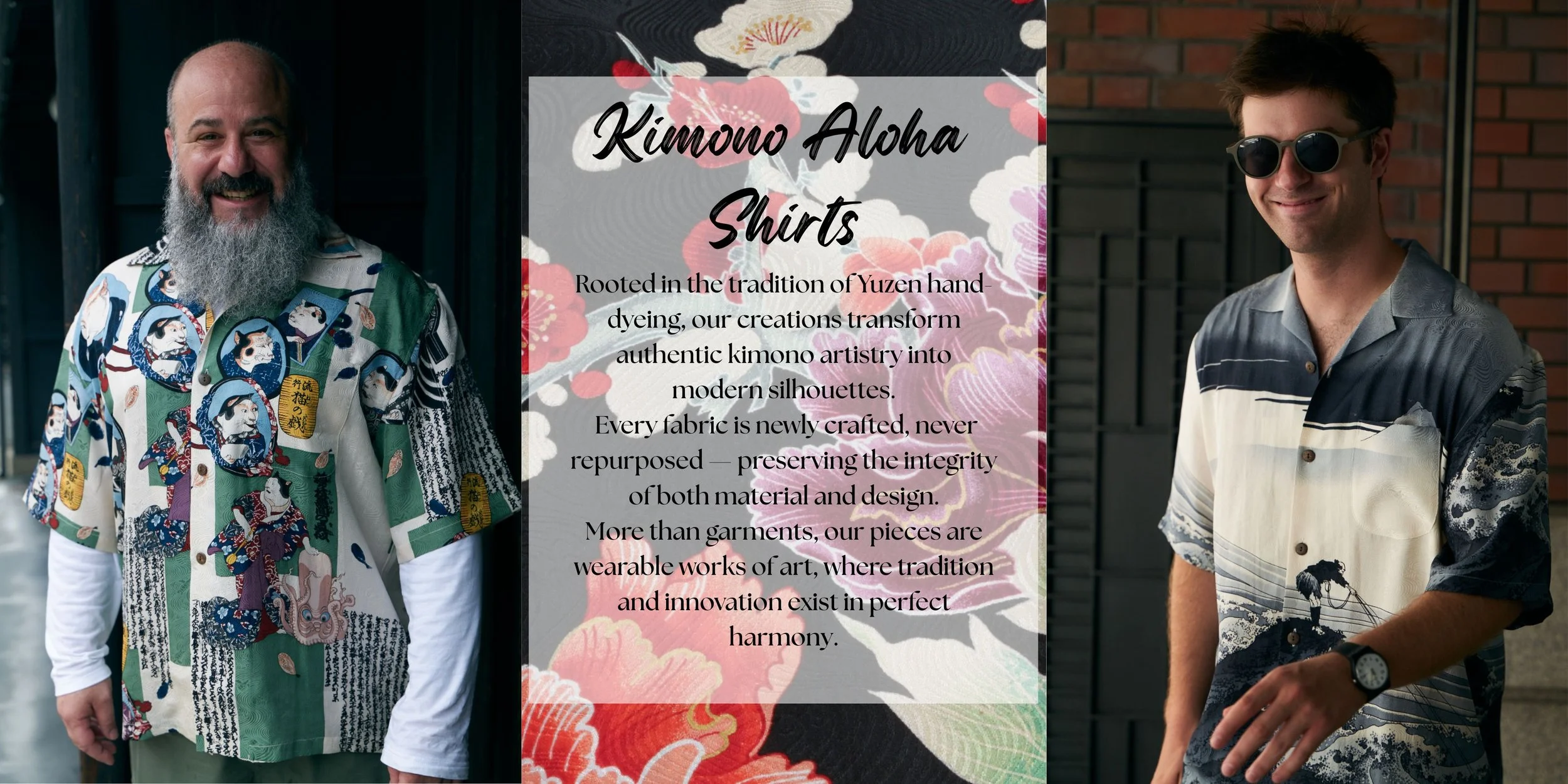 Two men wearing colorful Hawaiian shirts standing outdoors with a promotional sign in between them for Kimono Aloha shirts, describing their handcrafted, culturally inspired designs.
