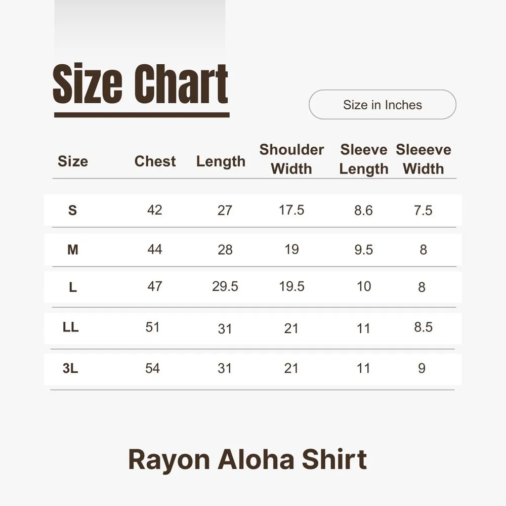 Visual Size Chart - Kimono Aloha shirts in Kyoto Japan