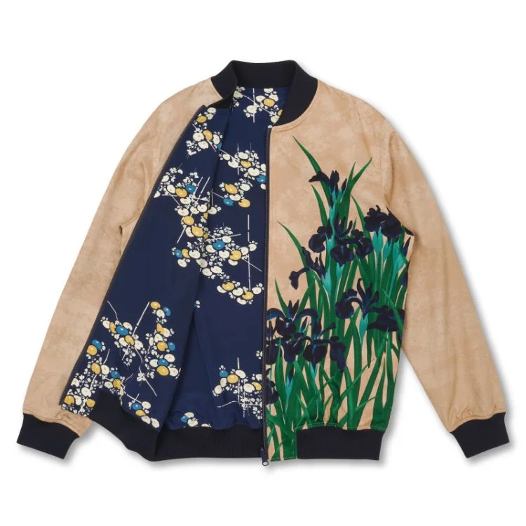 Hand made and hand dyed  bomber reversible jacket with "Japanese Irises" and " Korin chrysanthemums " floral and botanical patterns. The cotton and polyester 2 sided reversible jacket.