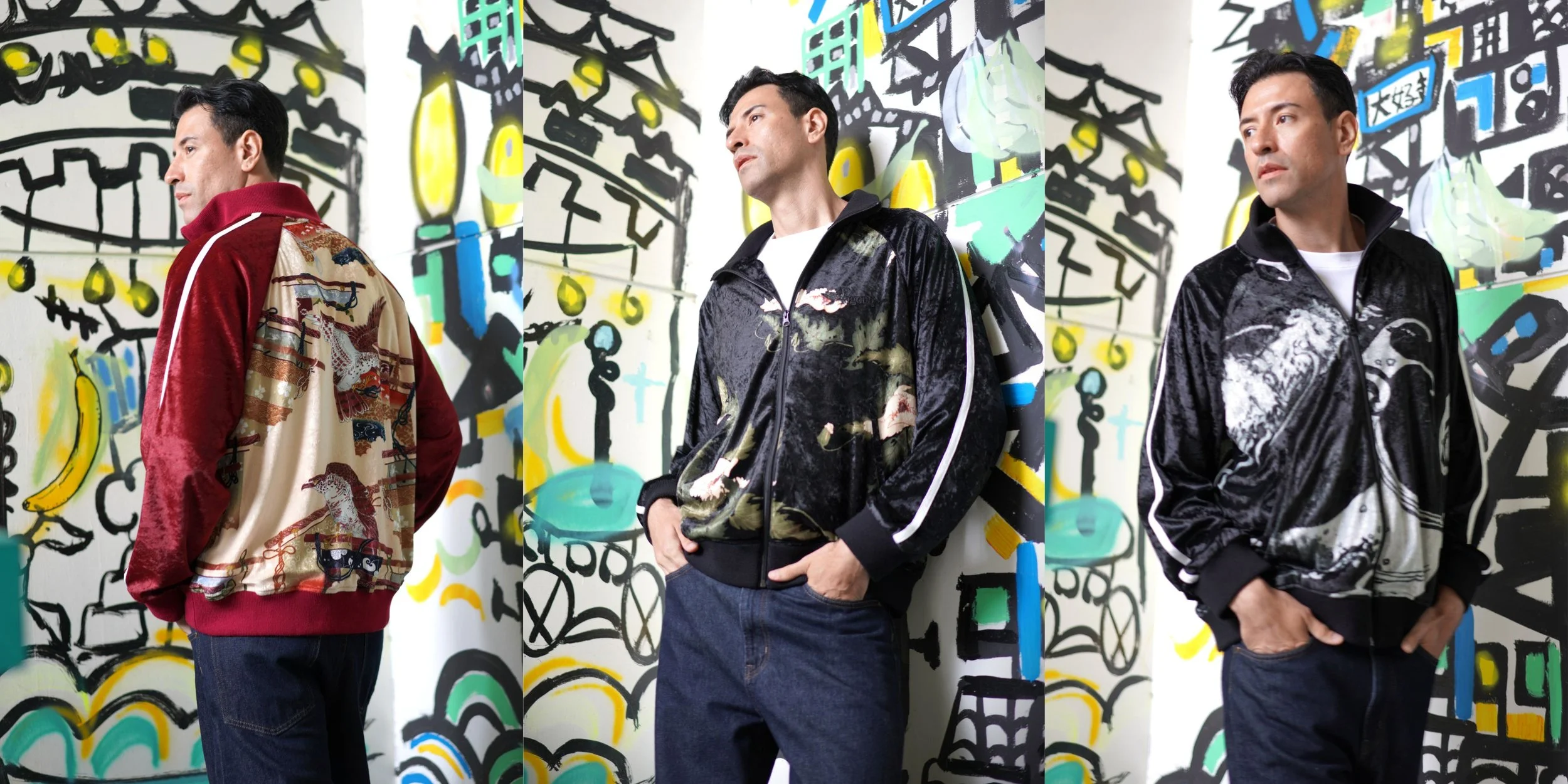 Hand made and hand dyed Velour Jackets with three different version of Patterns "The Hawk (Red)", "Keshi Stylized Poppy (Black) and "The Rising Dragon (Grey) zip up , changeable neck warm and lightweight jackets