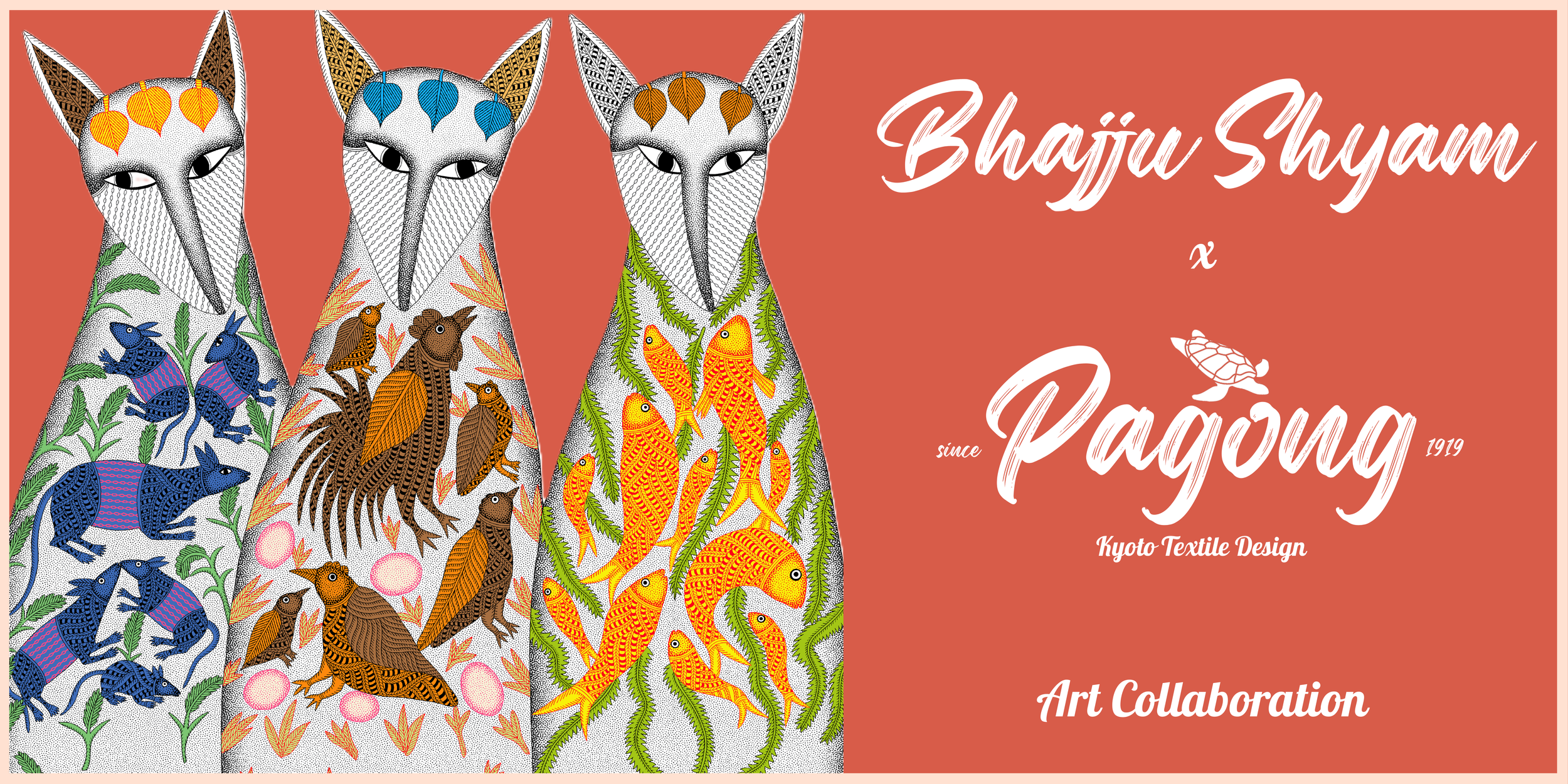 Three digitally illustrated fox characters with colorful intricate patterns and nature motifs on their bodies, against a coral background with white script text promoting a textile design art collaboration, including the name 'Pagong' and references 
