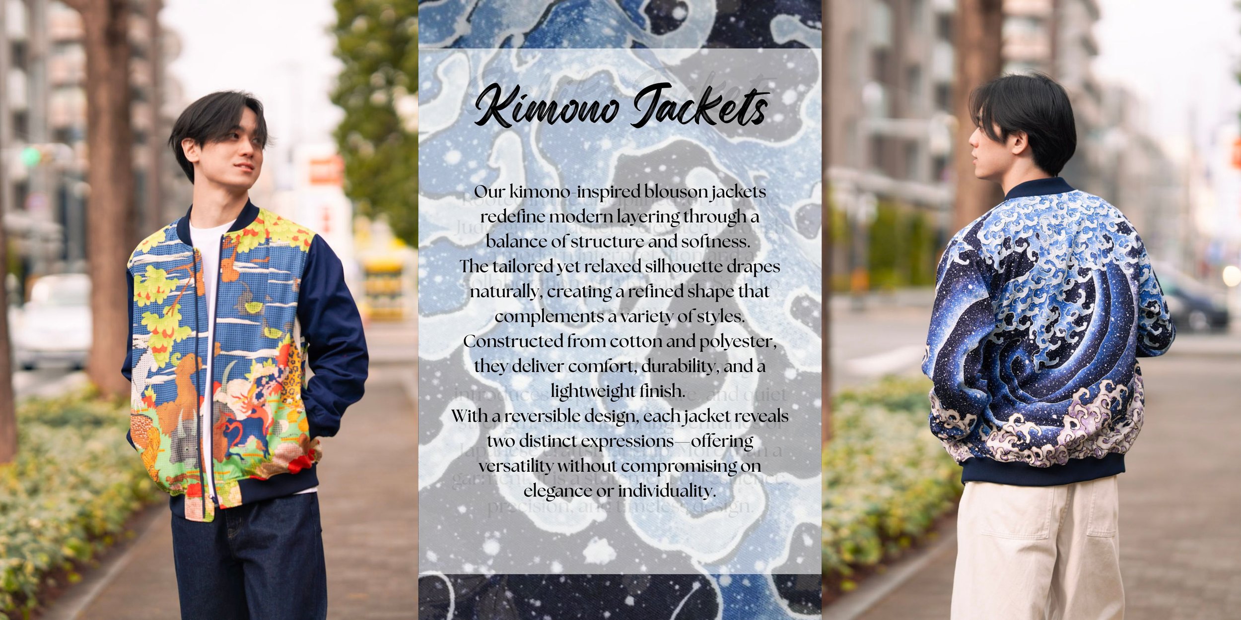 Two young men wearing kimono-inspired quilted jackets on a city sidewalk, with city buildings and trees in the background. The left man faces forward, wearing a vibrant multicolored jacket with floral and animal motifs. The right man faces sideways, 
