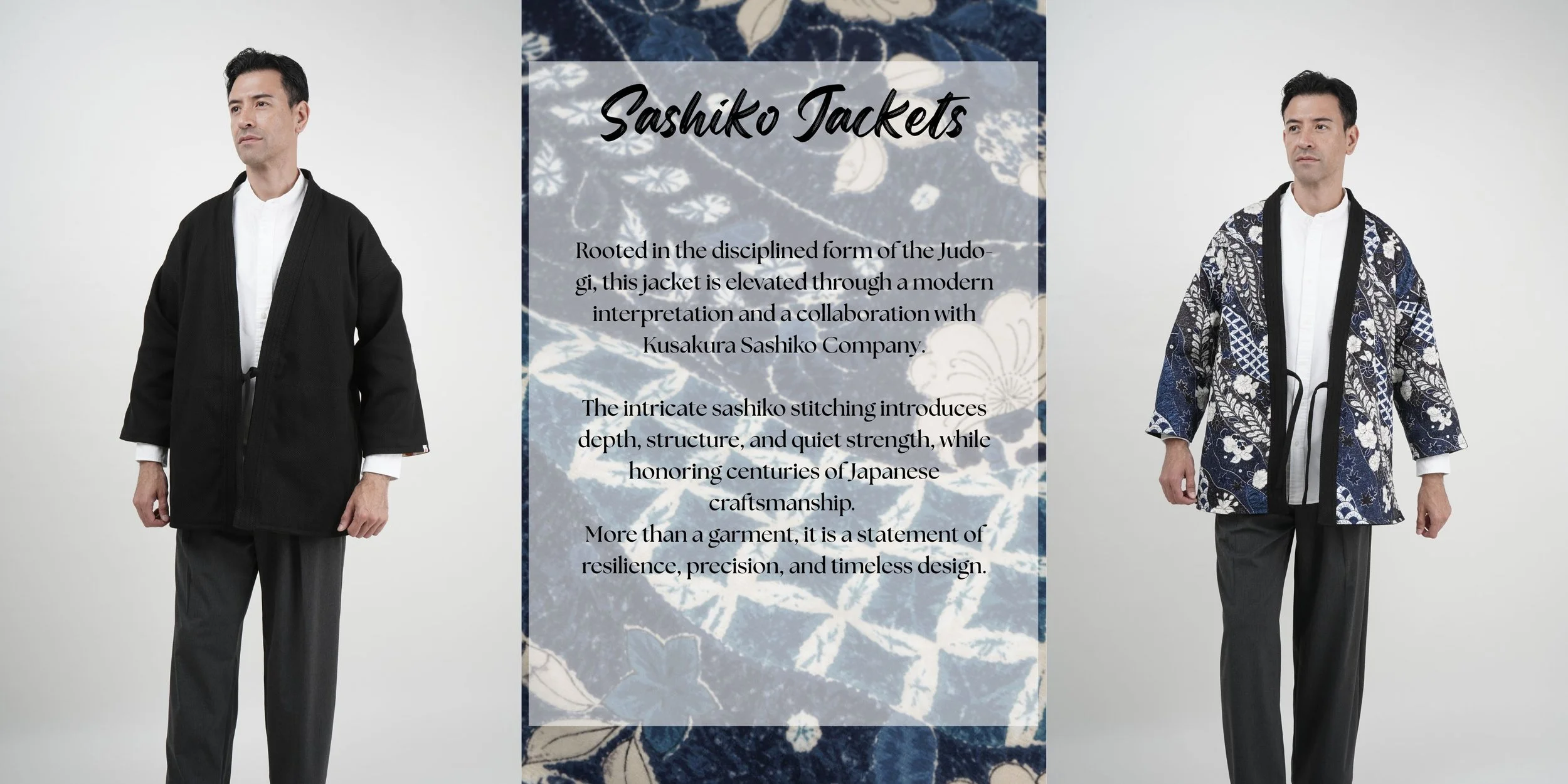 Two men modeling traditional Japanese sashiko jackets, one in black and the other in a patterned blue and white design, against a plain background, with a text overlay explaining the craftsmanship of sashiko jackets.