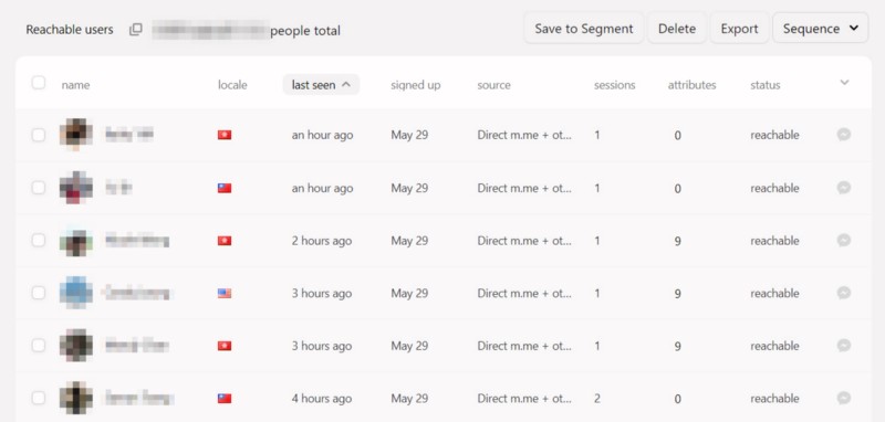 Example of user data segments available in the People Tab