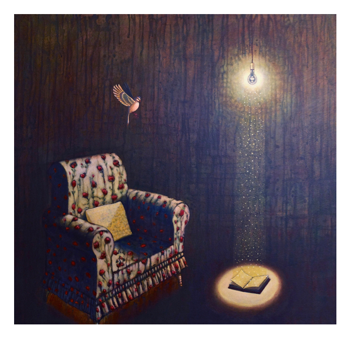 "Armchair, bird, lightbulb, book". 