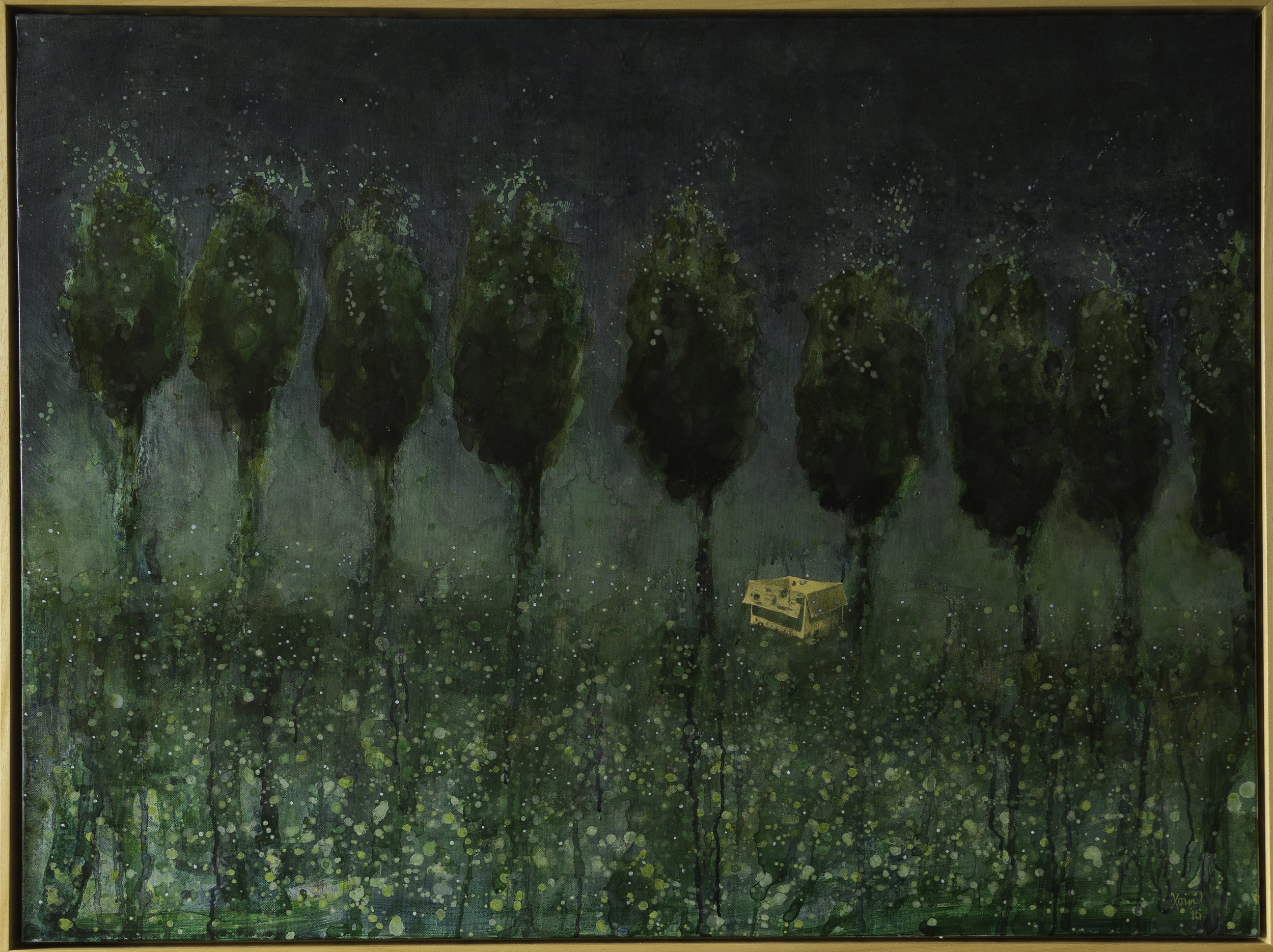 "Cardboard box in a forest" 78.5x104.5cm (Framed). Acrylic on canvas 2015.