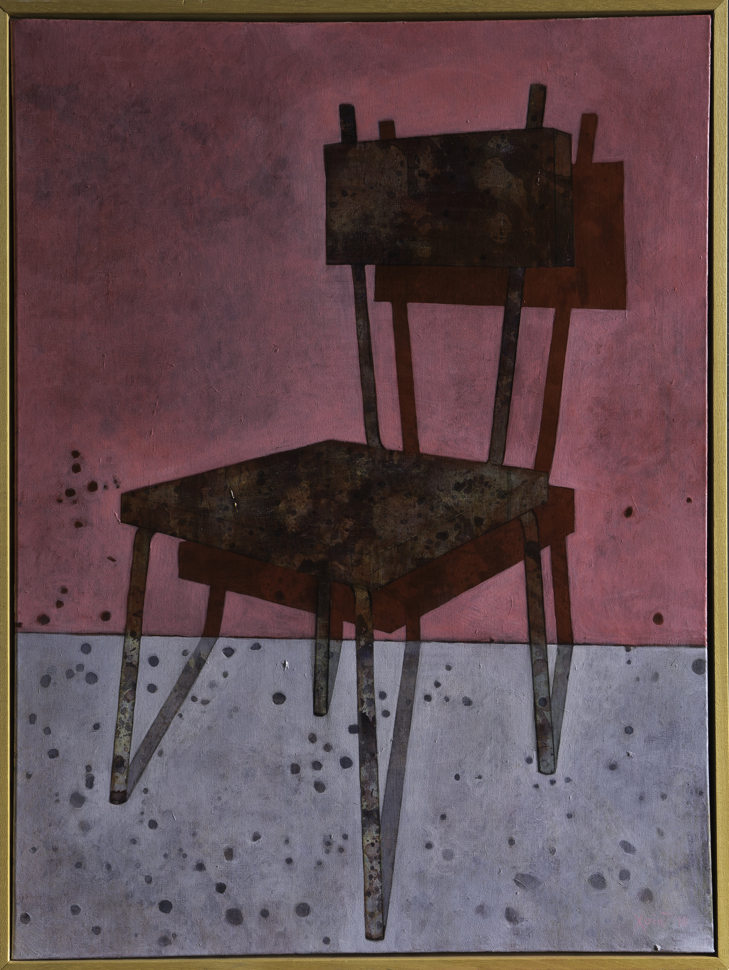 "Rusty old chair with a red shadow" 62.5cm x 86cm (Framed) Charcoal, acrylic on canvas. 2018.