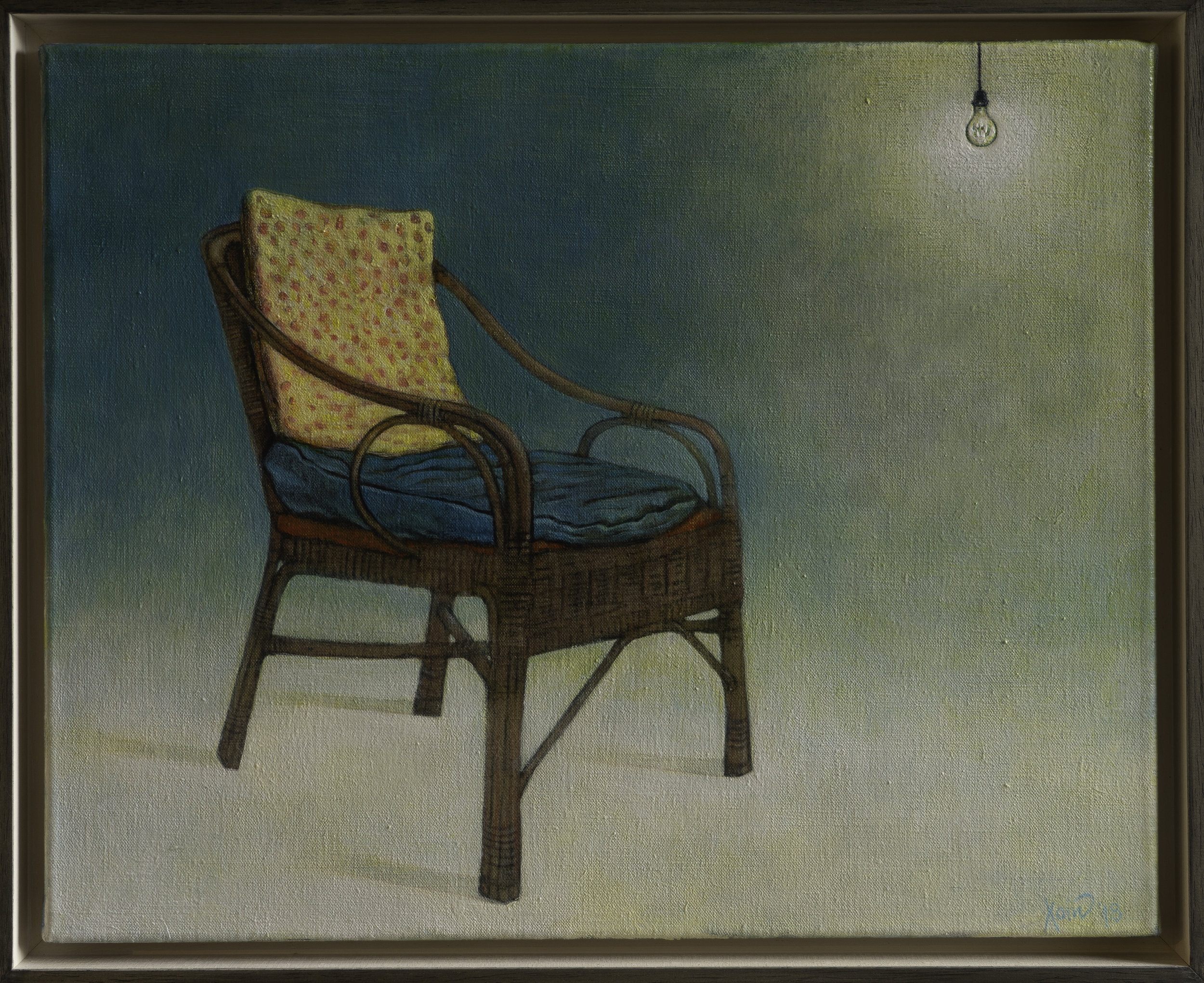 "Old chair with lightbulb" 50cm x 40cm (Framed) Charcoal and acrylic on linen, 2018.