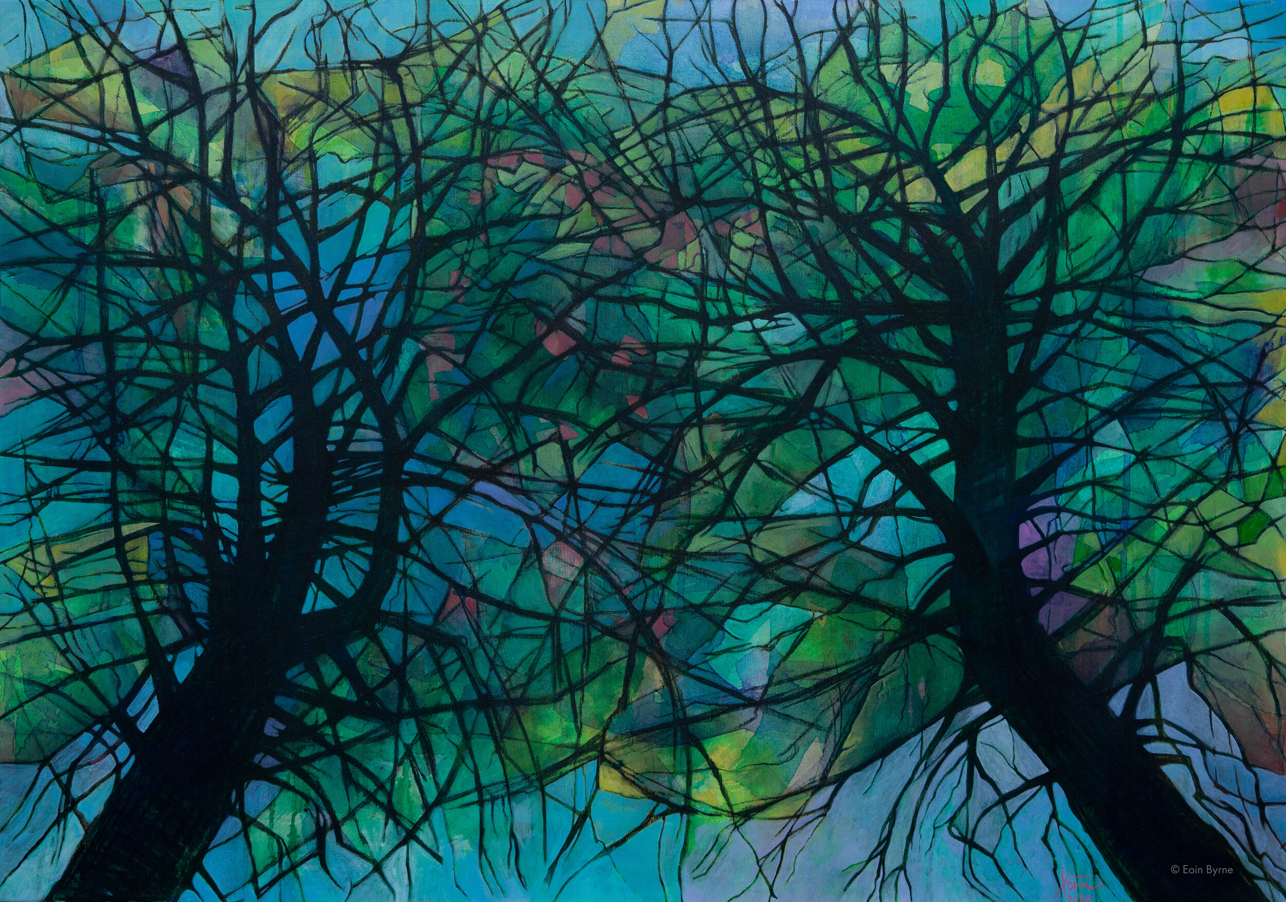 "Looking up at two trees" Acrylic and charcoal on canvas. 100cm x 70cm. 2020