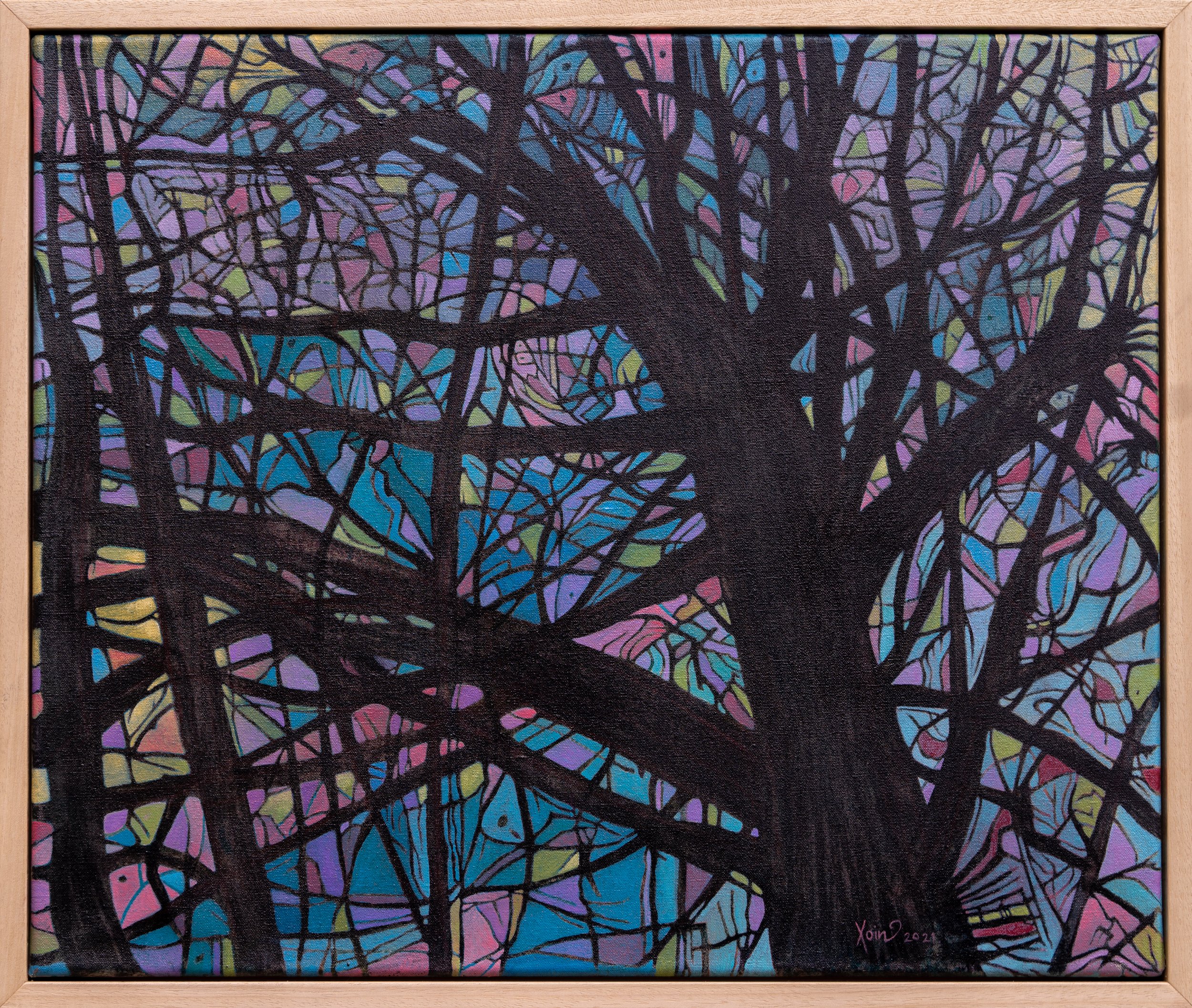"Looking up through trees 3" 50cm x 60cm, (framed) Charcoal/Acrylic on linen. 2021