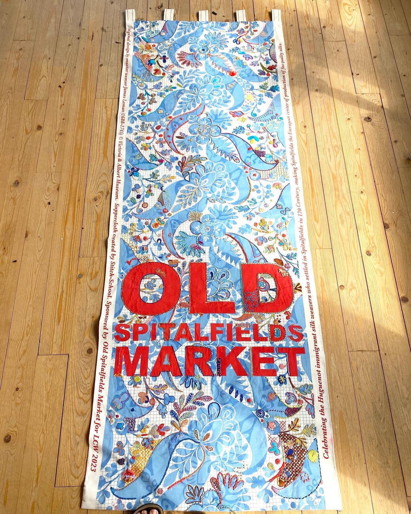 So pleased how this banner has turned out! It&rsquo;s ready to hang in @oldspitalfieldsmarket - stitched over 6 days as part of @londoncraftweek celebrating the history of the Huguenot weavers in Spitalfields - it&rsquo;s a beauty! #communitystitchin