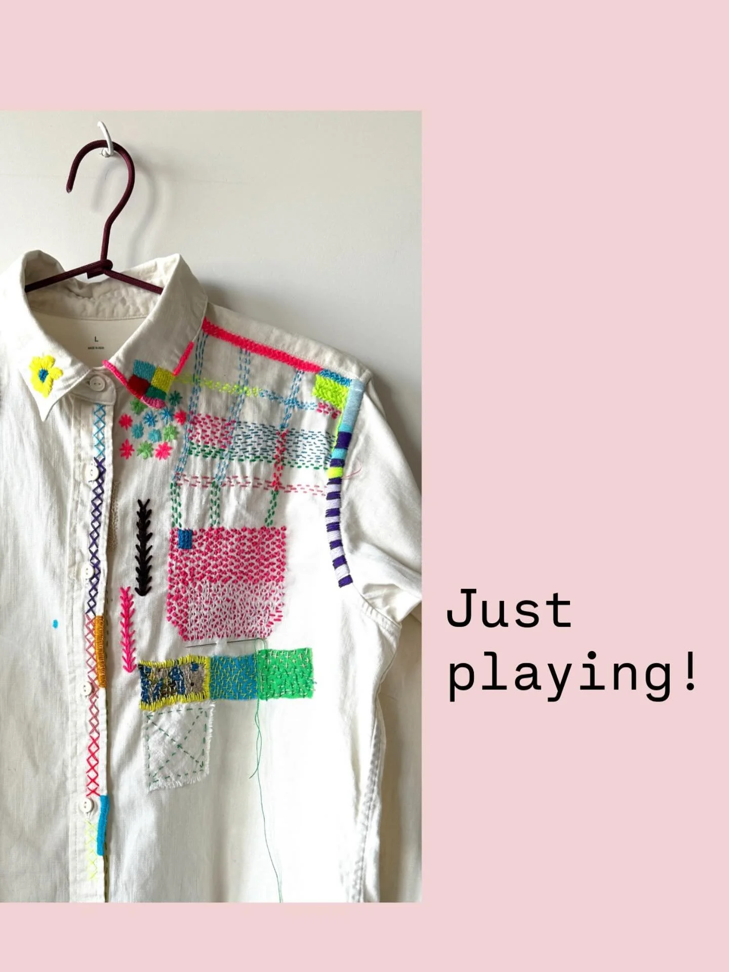 S T I T C H - P L A Y I&rsquo;m  not really thinking  this through but just responding to the stitches as along, on a stitch adventure with my @muji shirt!  #mindfulstitching #explorestitching #stitchnarrative #makeitup #stitchplay #stitchschool