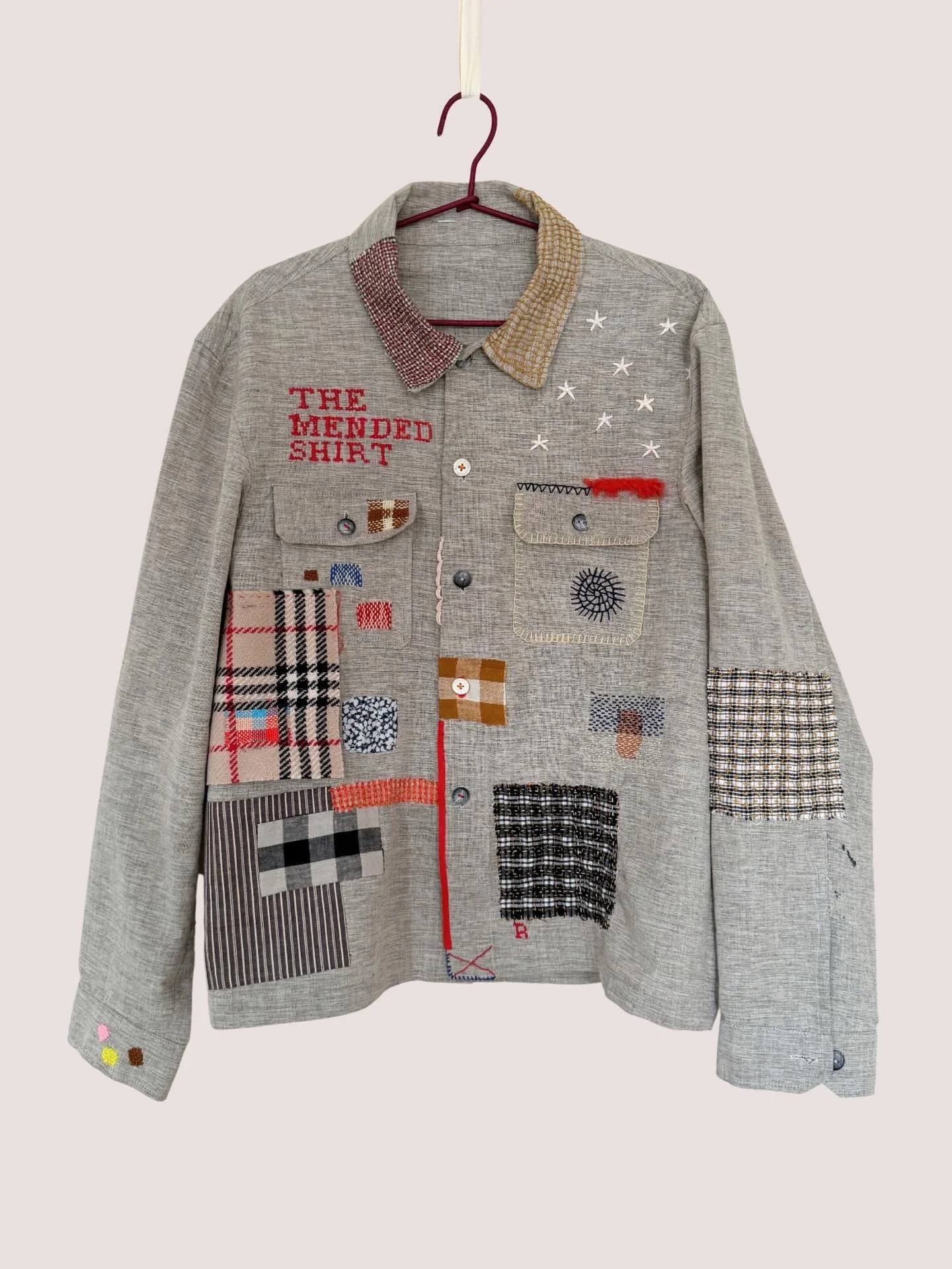 Work in progress! The Mended Shirt exploring mending techniques for garments - Plain patch - Boro patch - Sashiko - Darning - Blanket Stitching - Woven stars &amp; more to try!
Workshop @raystitch 

#mend #repair #traditionalneedlework #resourceful #