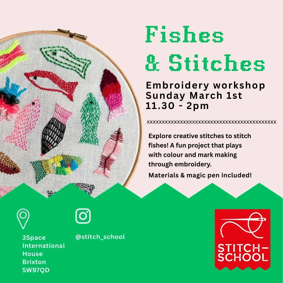Places for Sunday workshop! 
Fishes &amp; Stitches 
Materials provided including a magic pen! 🪄✨

Link in Bio ⬆️ at @3spaceorg Brixton 

#studystitch #embroidery #lessscrollingmorestitching