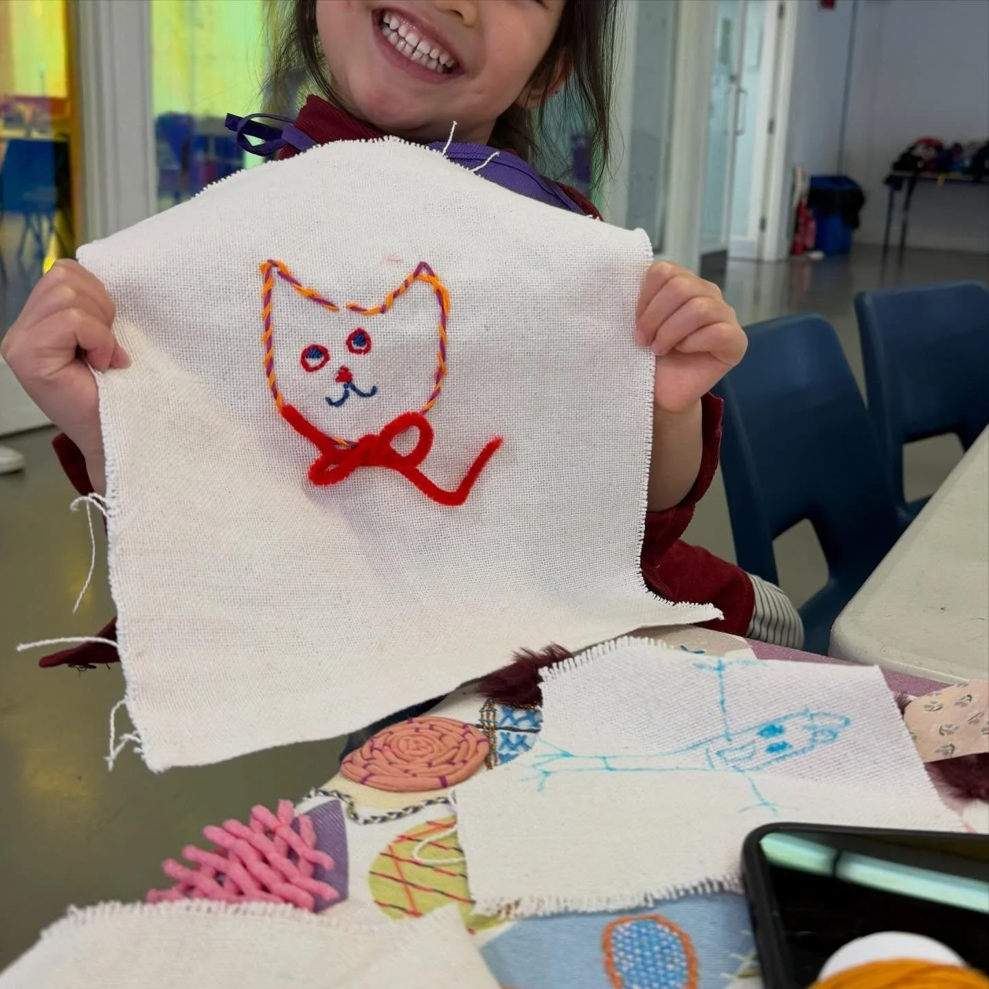 Big smiles at Mardkye Community Center today with cats &amp; bows #teachingembroidery #stitchyoung